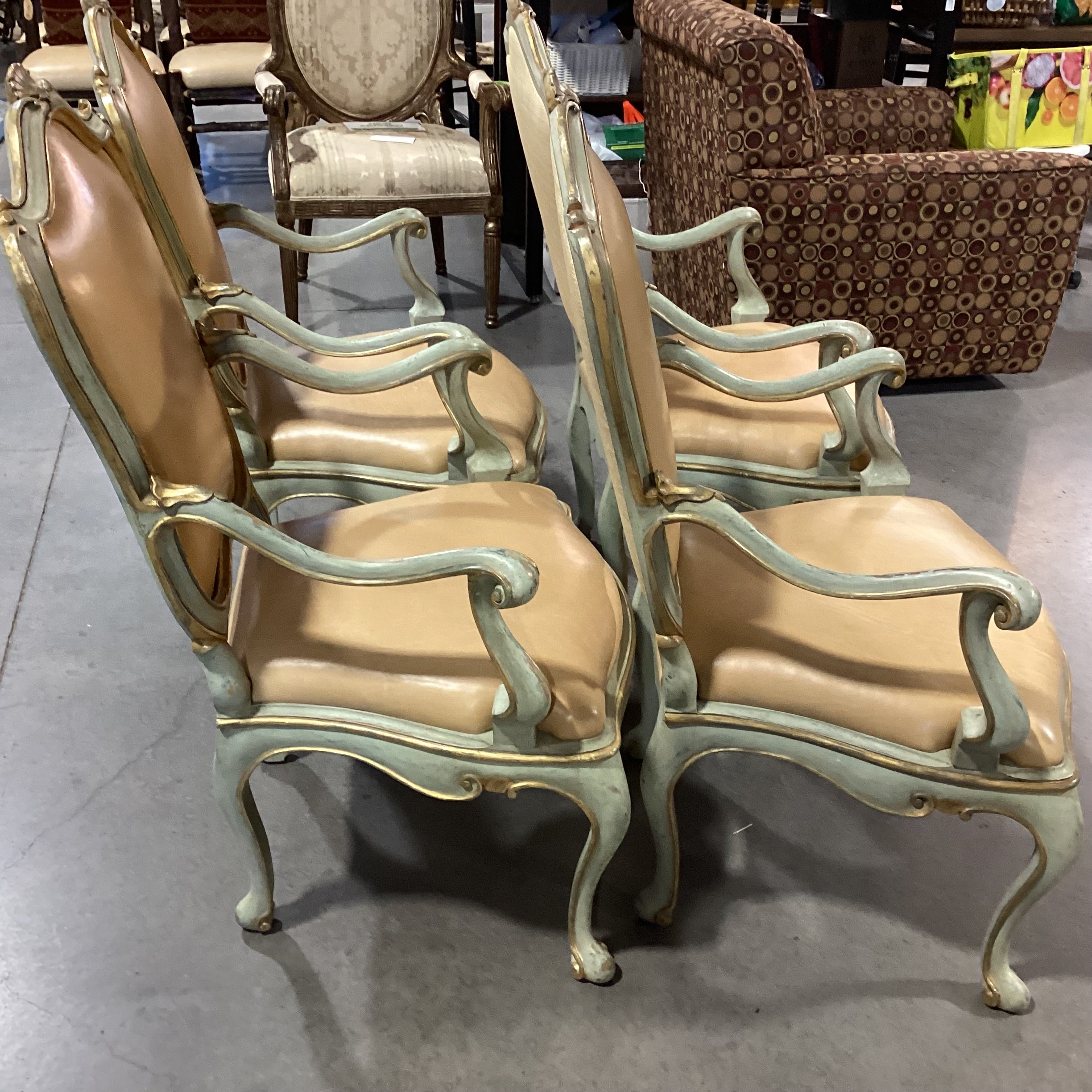 SET of 4 French Provincial Ornate Carved Wood with Gilded Accent & Leather Dining Chairs 26"x 26"x 42"