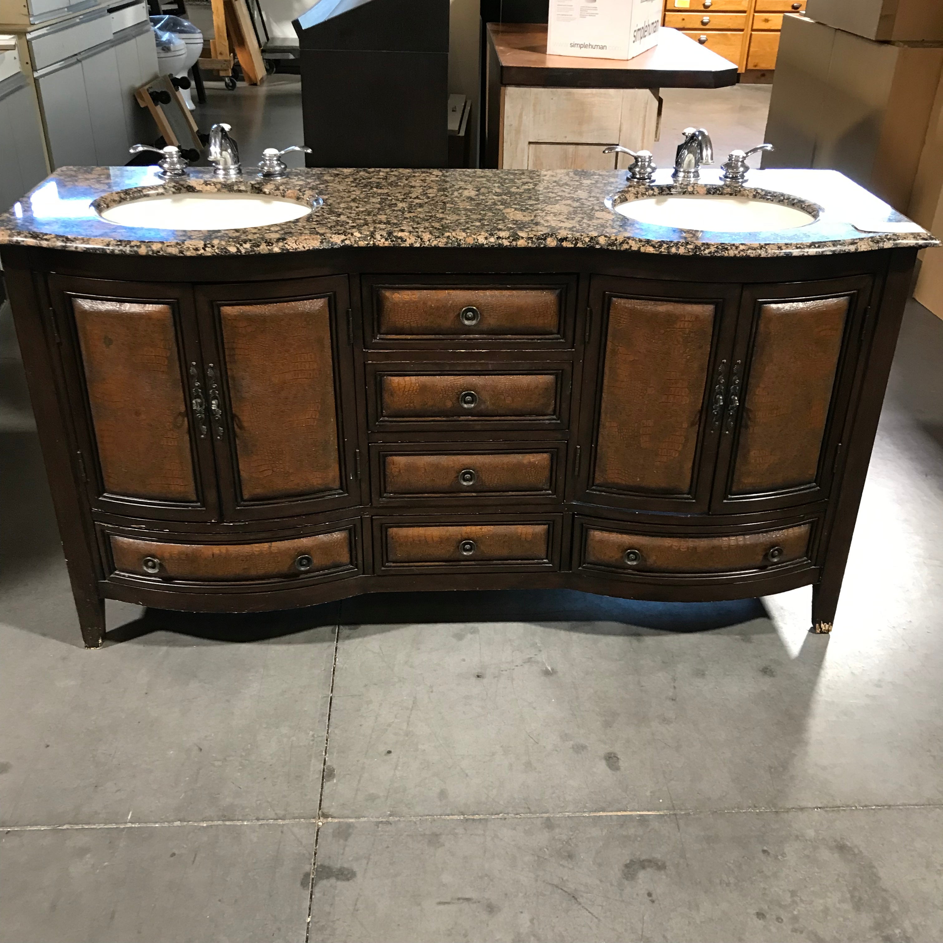 67"w x 22"d x 36"h Vintage Furniture Style 7 Drawer-2 cuboard leather insert Cabinet Brown Granite Ogee Edge detail, 2 oval Sinks Chrome Fixtures Vanity