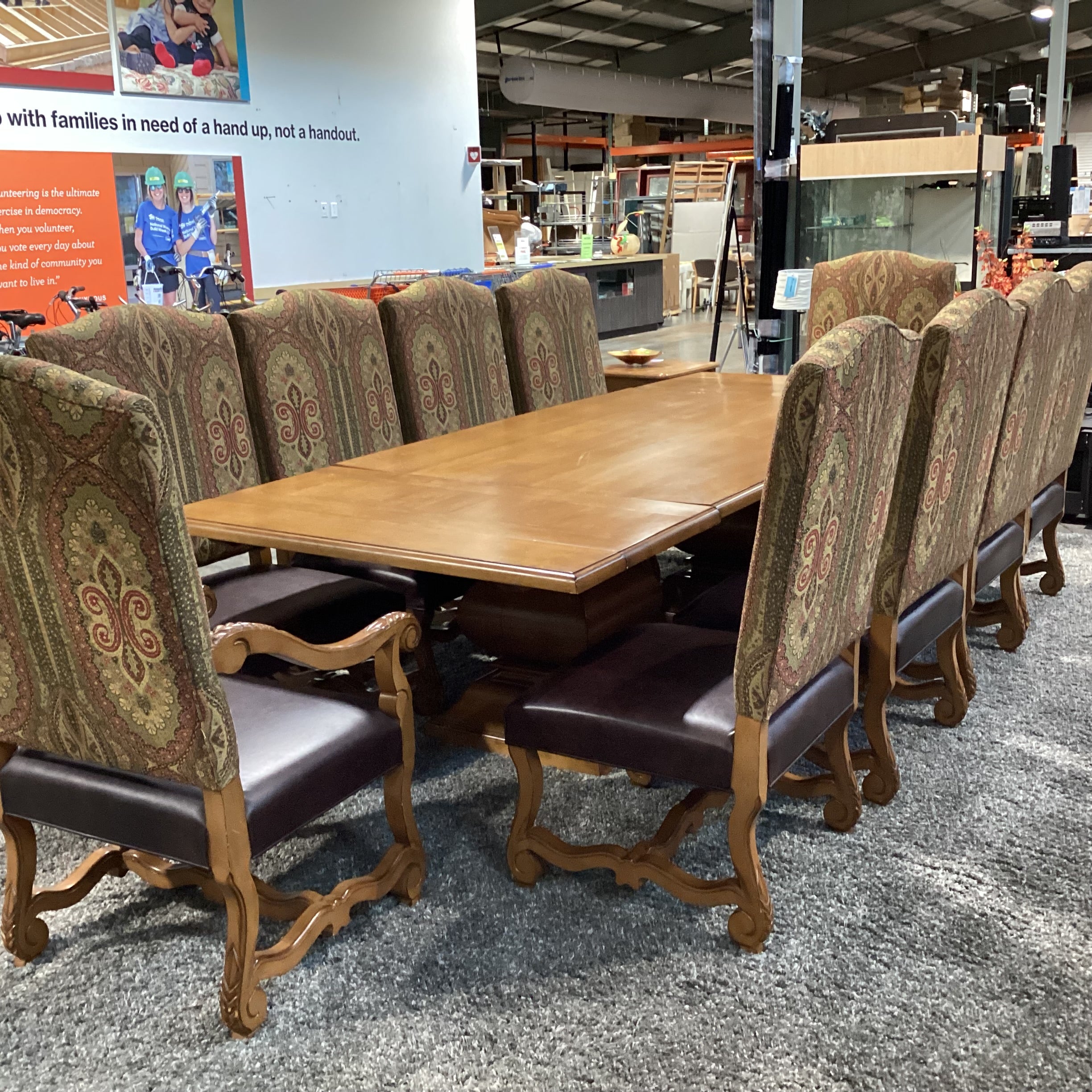 Custom Solid Wood 2 End Extend Leaves Double Pedestal Table with 10 Chairs Dining Set 120"x 48"x 30.5"