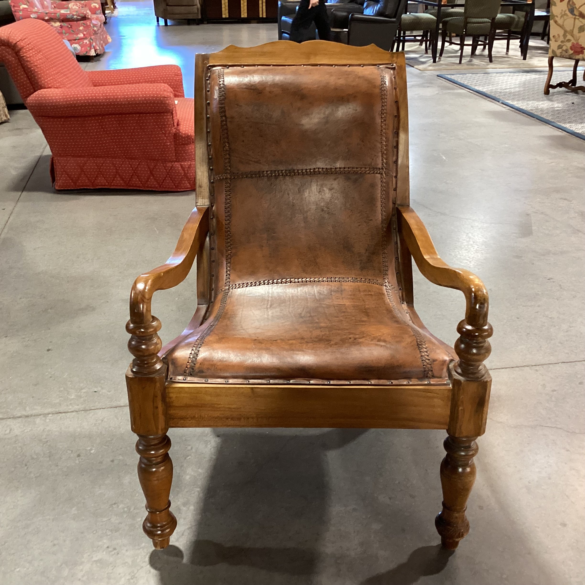Carved Wood With Distressed Leather Nailhead Plantation Style Lounge Chair 29"x 34"x 39"