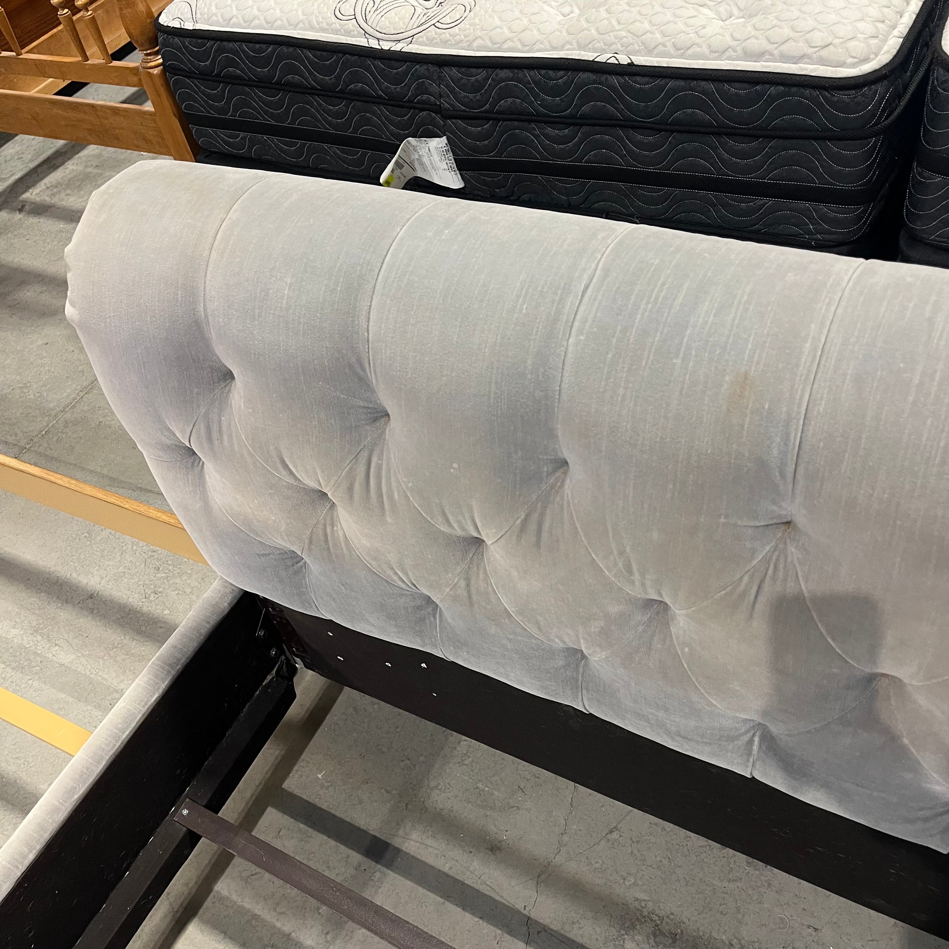 KING Grey Linen Nail Head Slay Style Bed Set