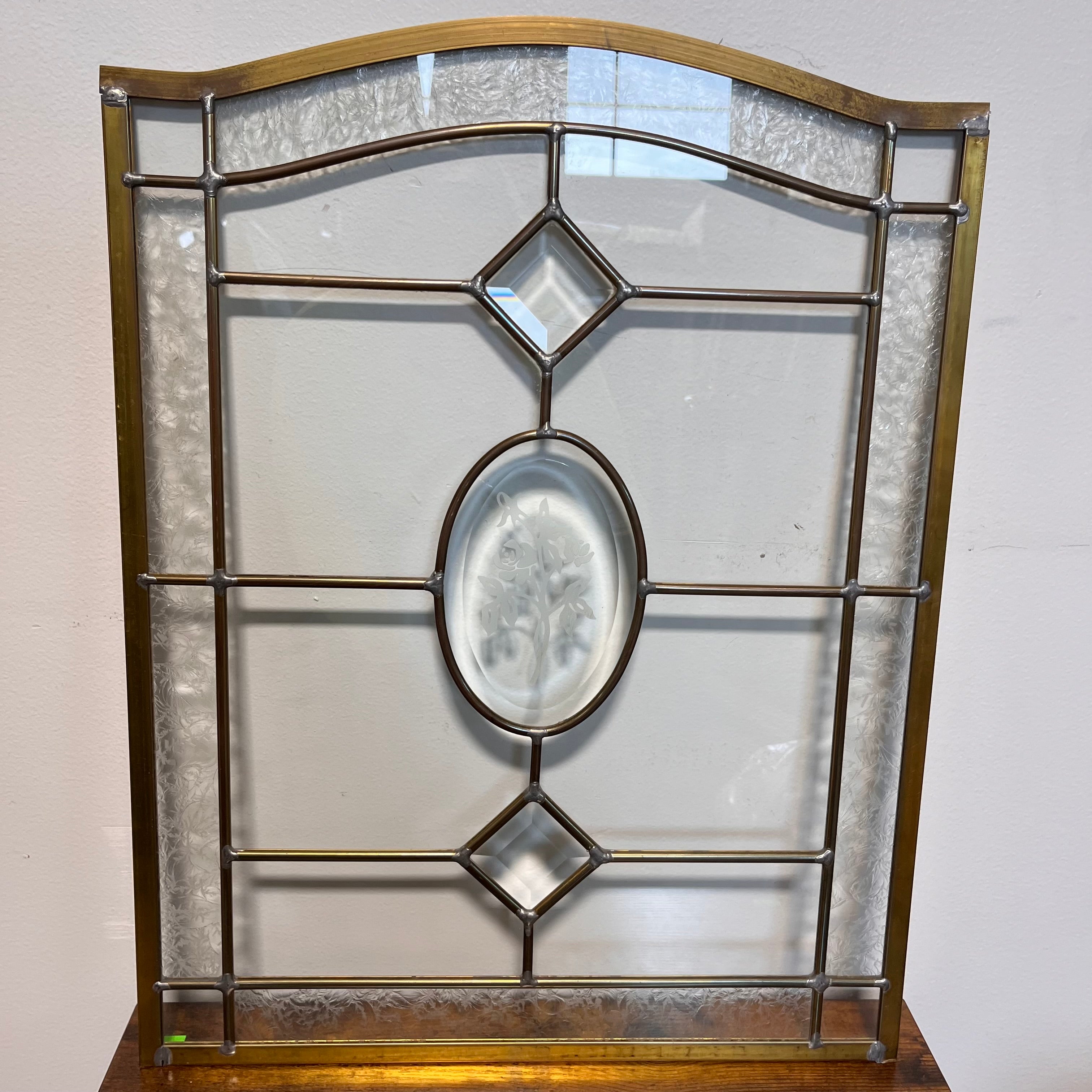 Vintage Brass Leaded Beveled Etched Floral Glass Window Insert; 16"x 21"