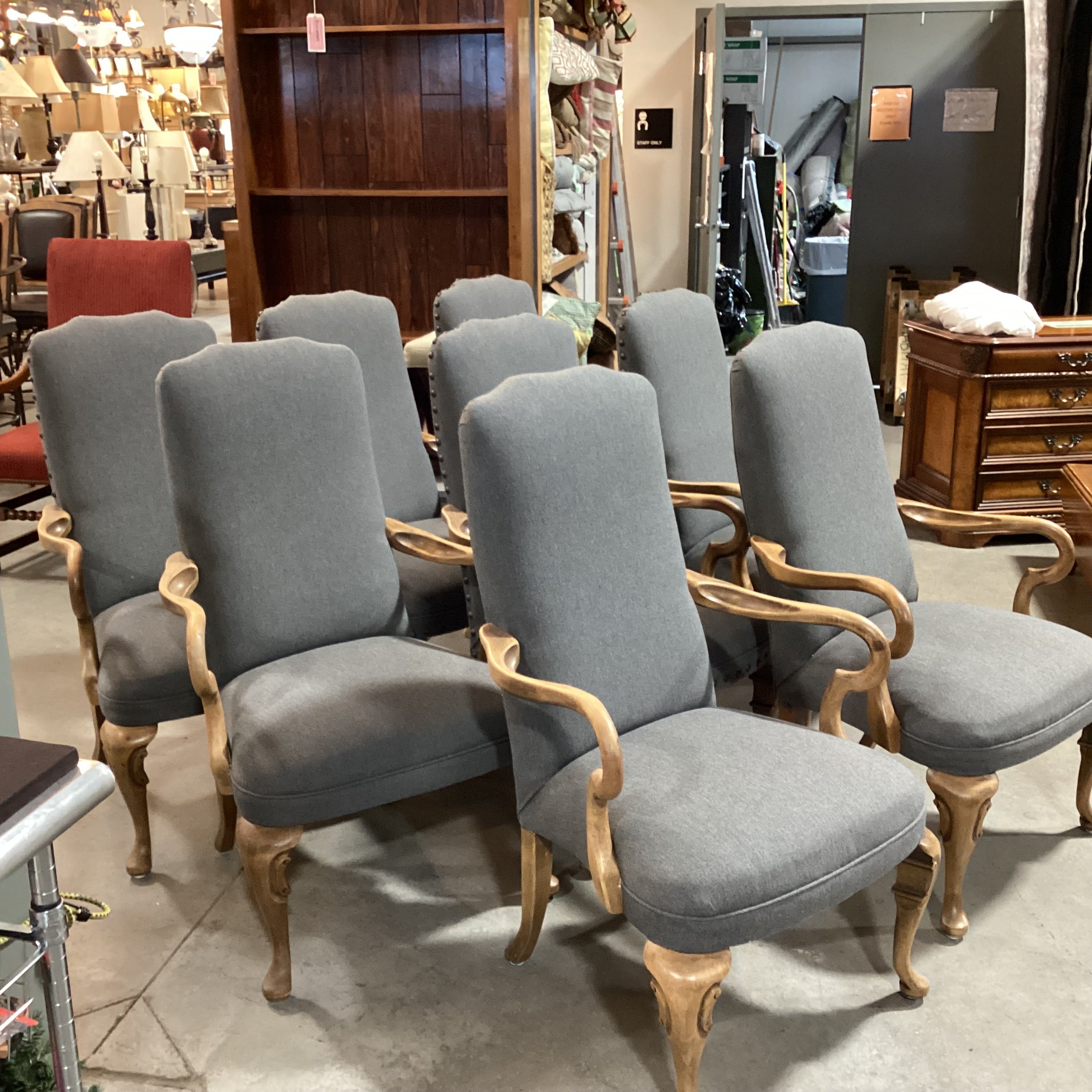 SET of 8 Antique Carved Wood with Reupholstered Grey Wool Blend Dining Chairs 27"x 24"x 43"  Chairs