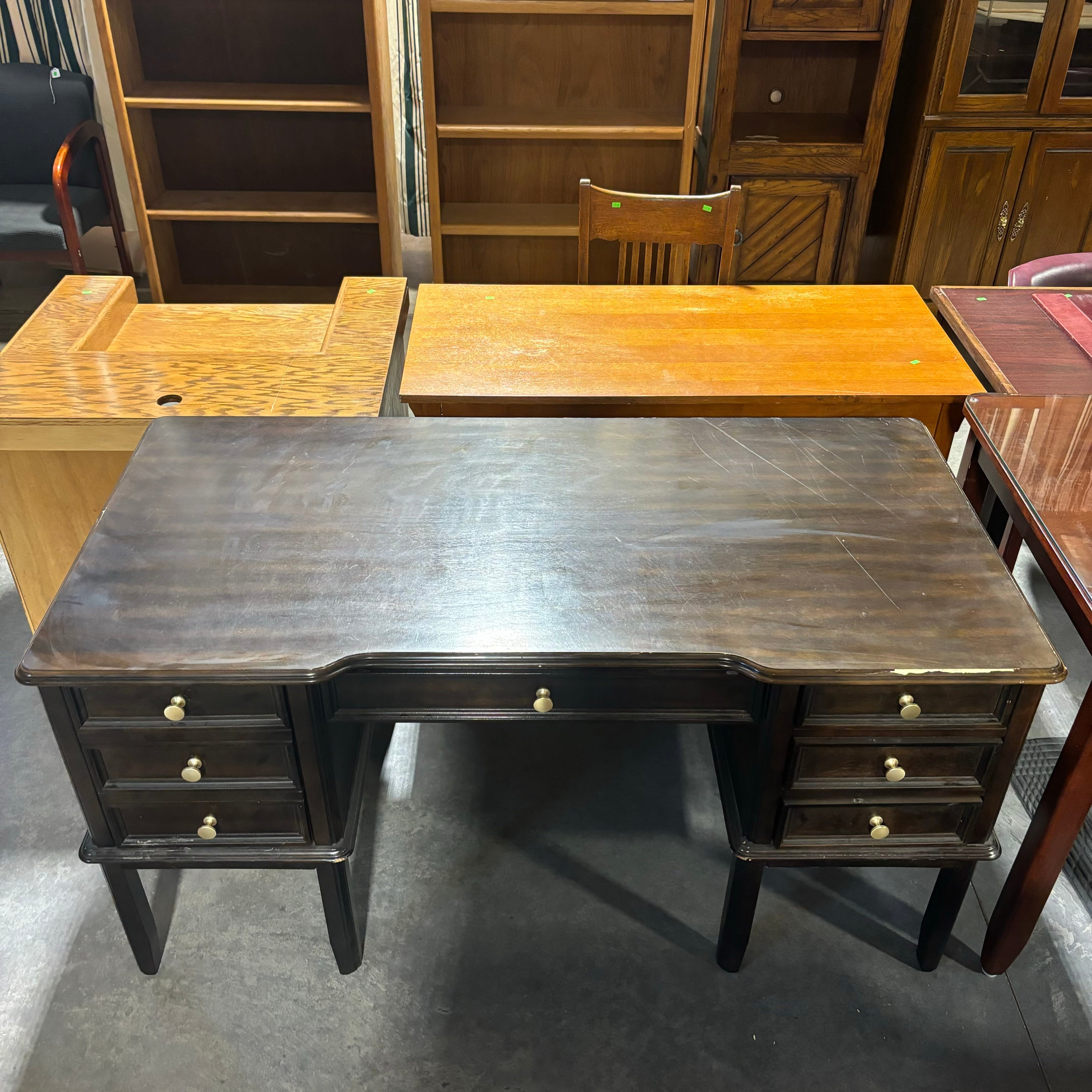 Ashley Dark Finish Wood Style Laminate with Brass Colored Accents 5 Drawer Desk 60"x 30"x 30"