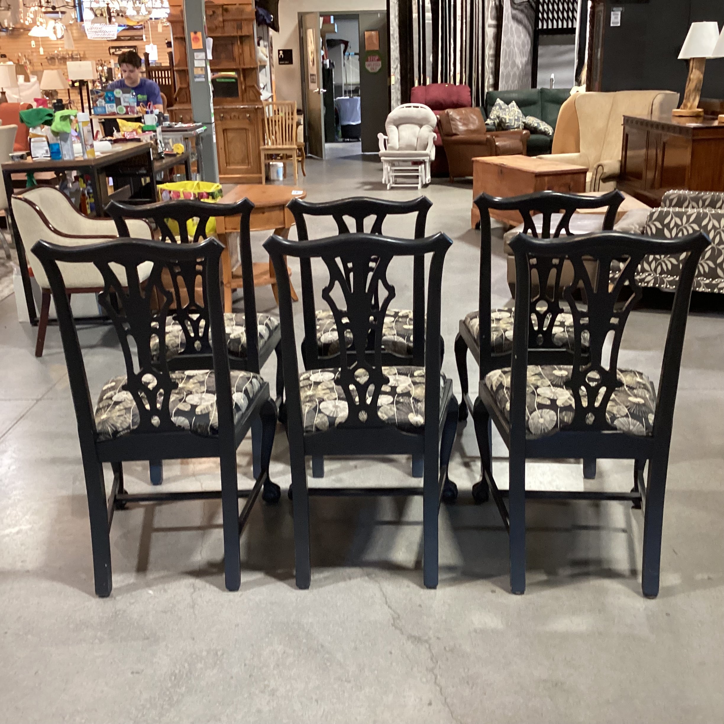 SET of 6 Ornate Carved Black Claw & Ball Wood Black Tan White Dandelion Dining Chairs 23"x 22"x 40"