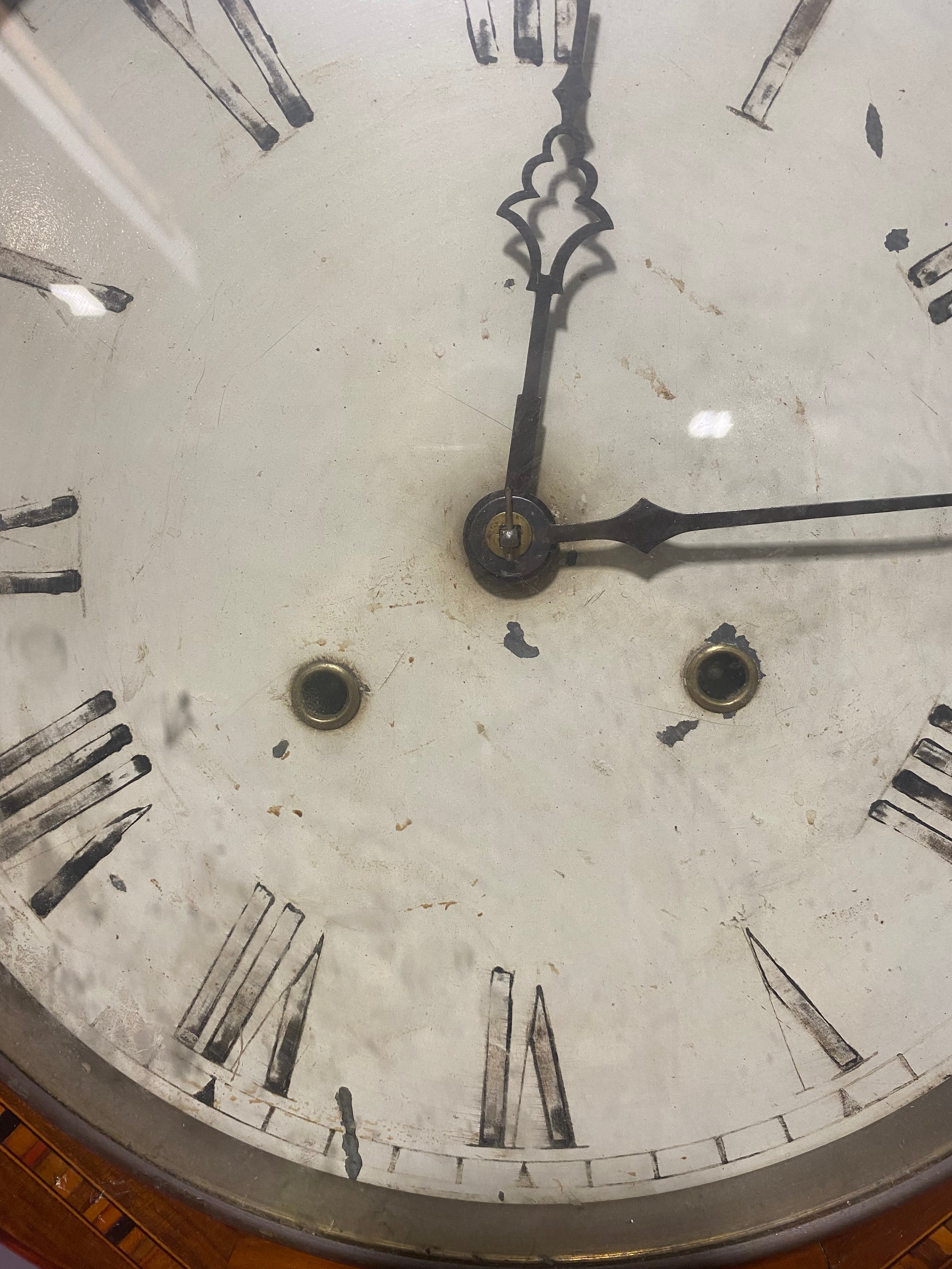 German Schlenker & Kienzle "Radium Gong" Drop Dial Inlay Banded Wall Clock with Key 17"x 28"x 5"