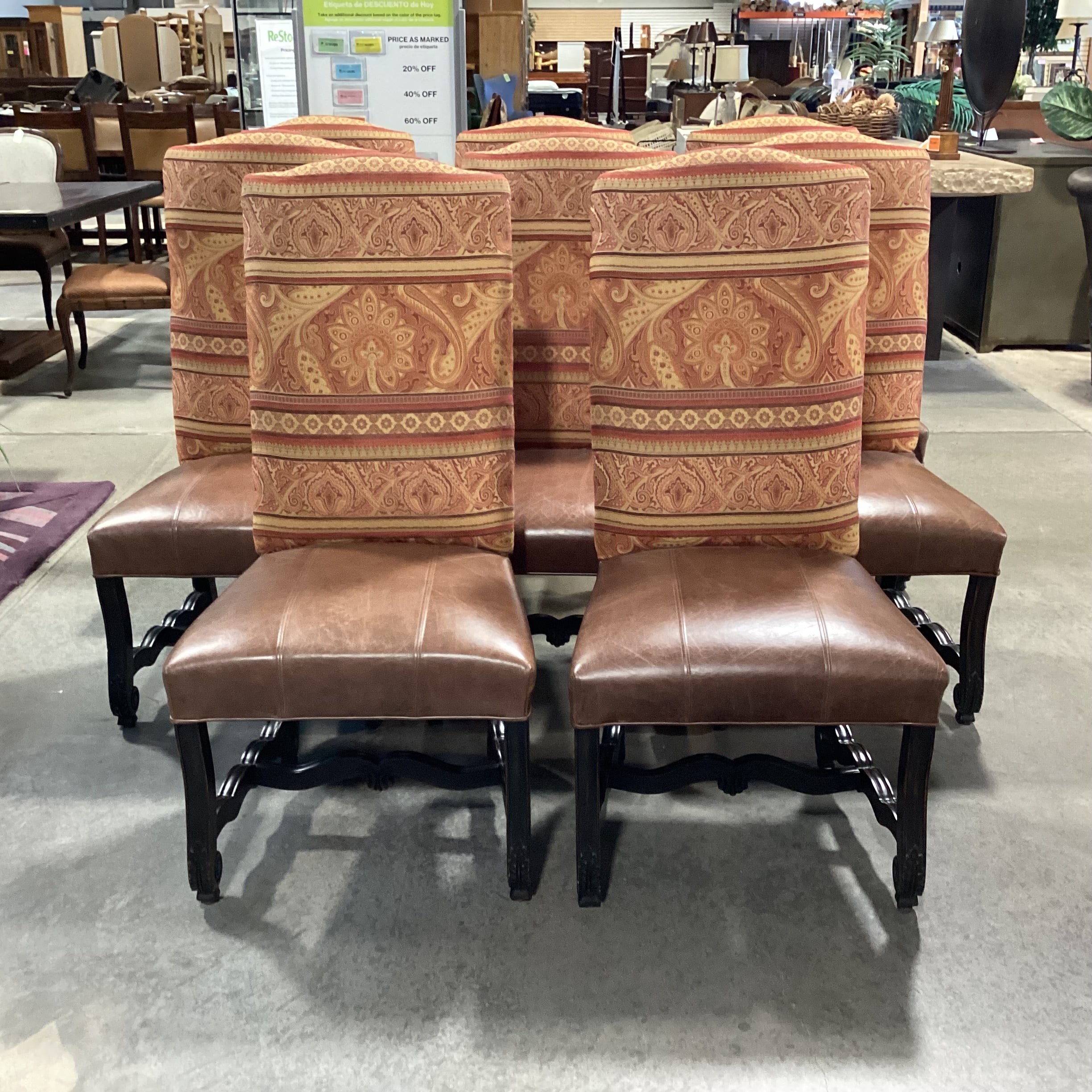 SET of 8 Carved Antiqued Black Wood Leather & Orange Gold Upholstered Dining Chairs 23"x 22"x 46"