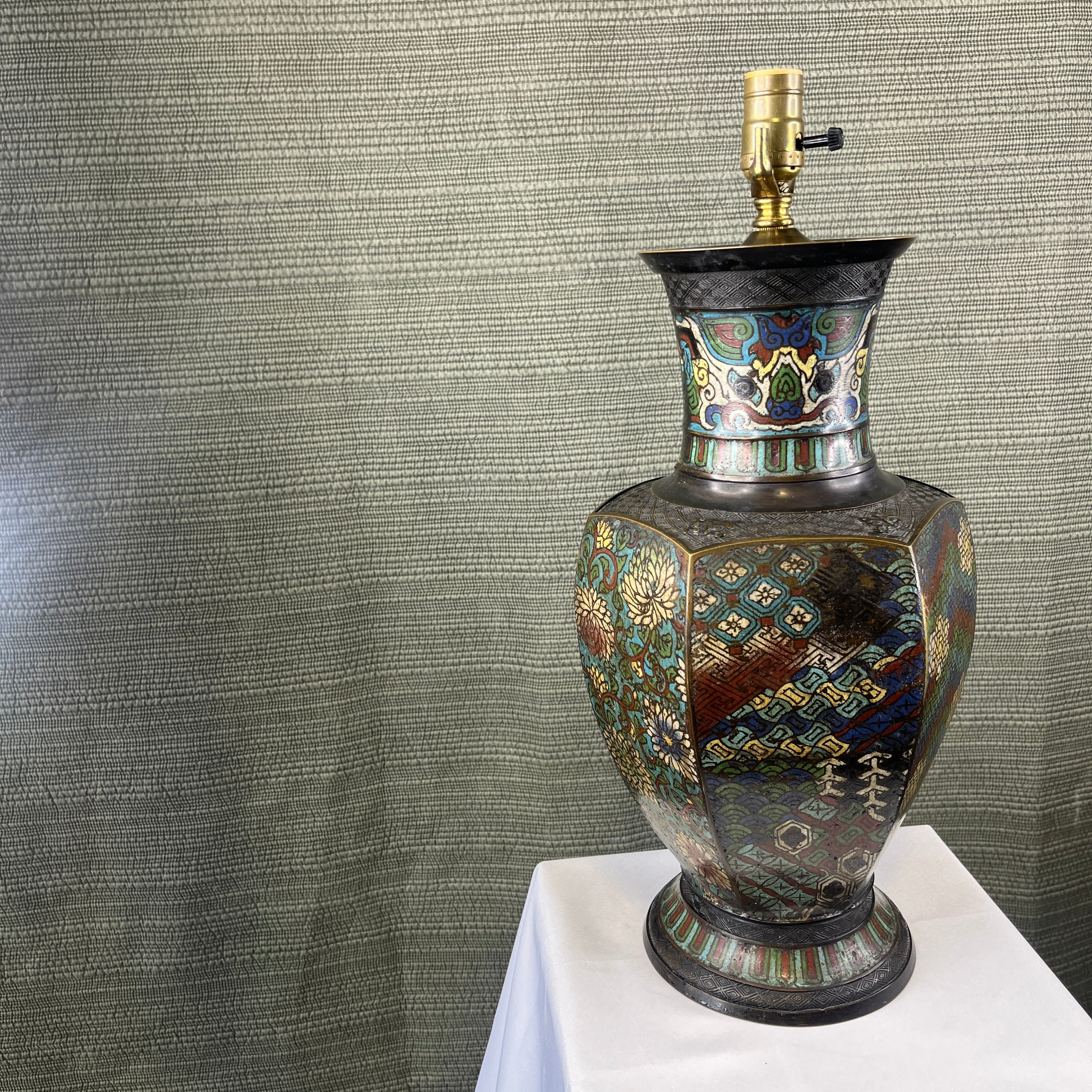 19th Century Multi Colored Cloisonne Enamel Patina Bronze Oriental Vase Table Lamp 9" Diameter x 21"