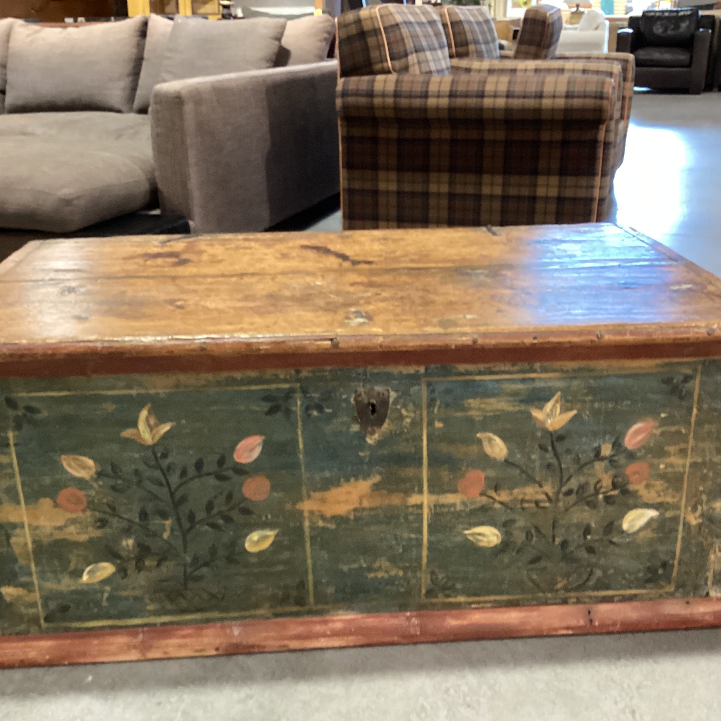 Antique Carved Wood with Hand Painted Floral Panel Trunk 42.5"x 23"x 18"