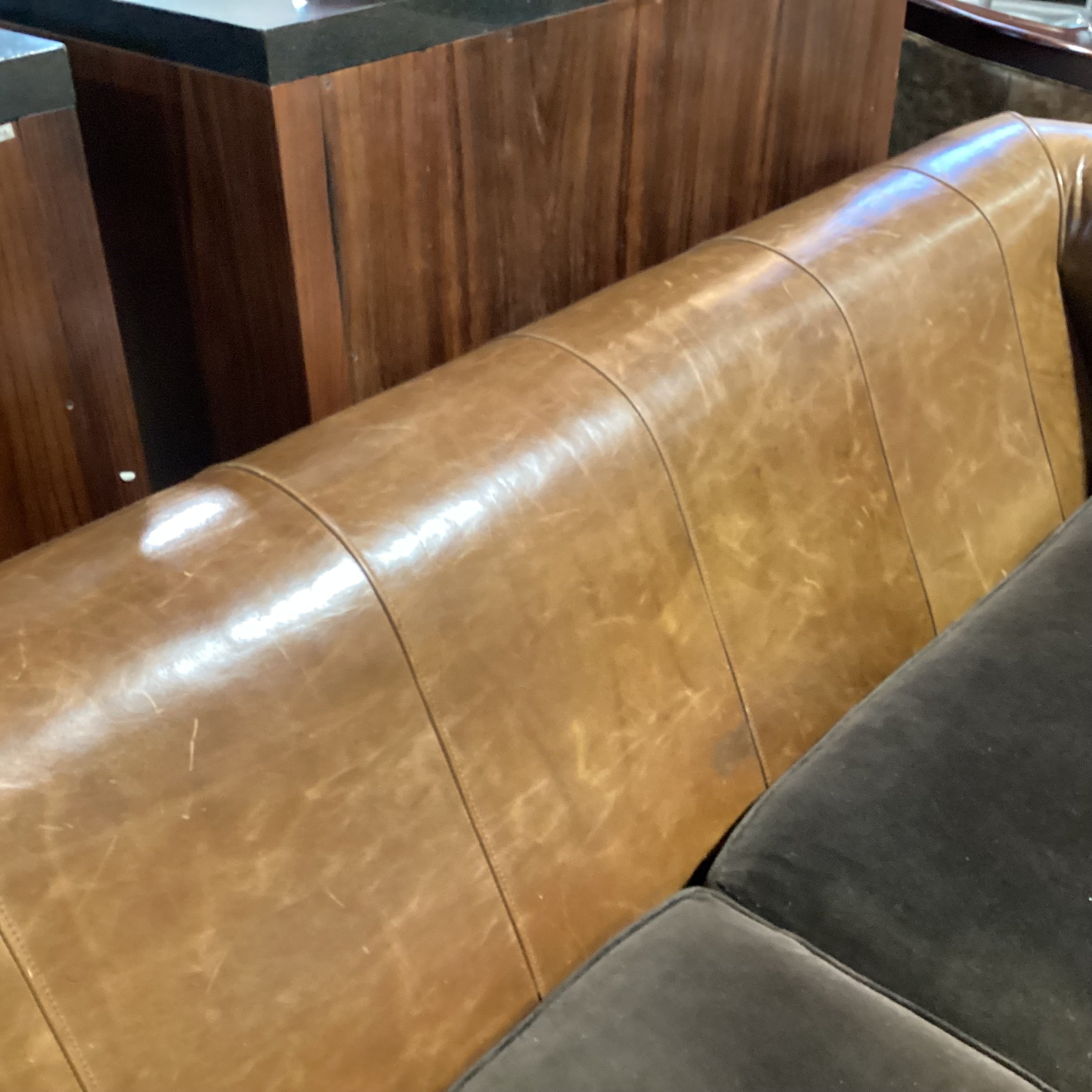 Leather Nail Head Roll Arm & Back with Brown Velvet Seat Cushions Sofa 94"x 46"x 30"