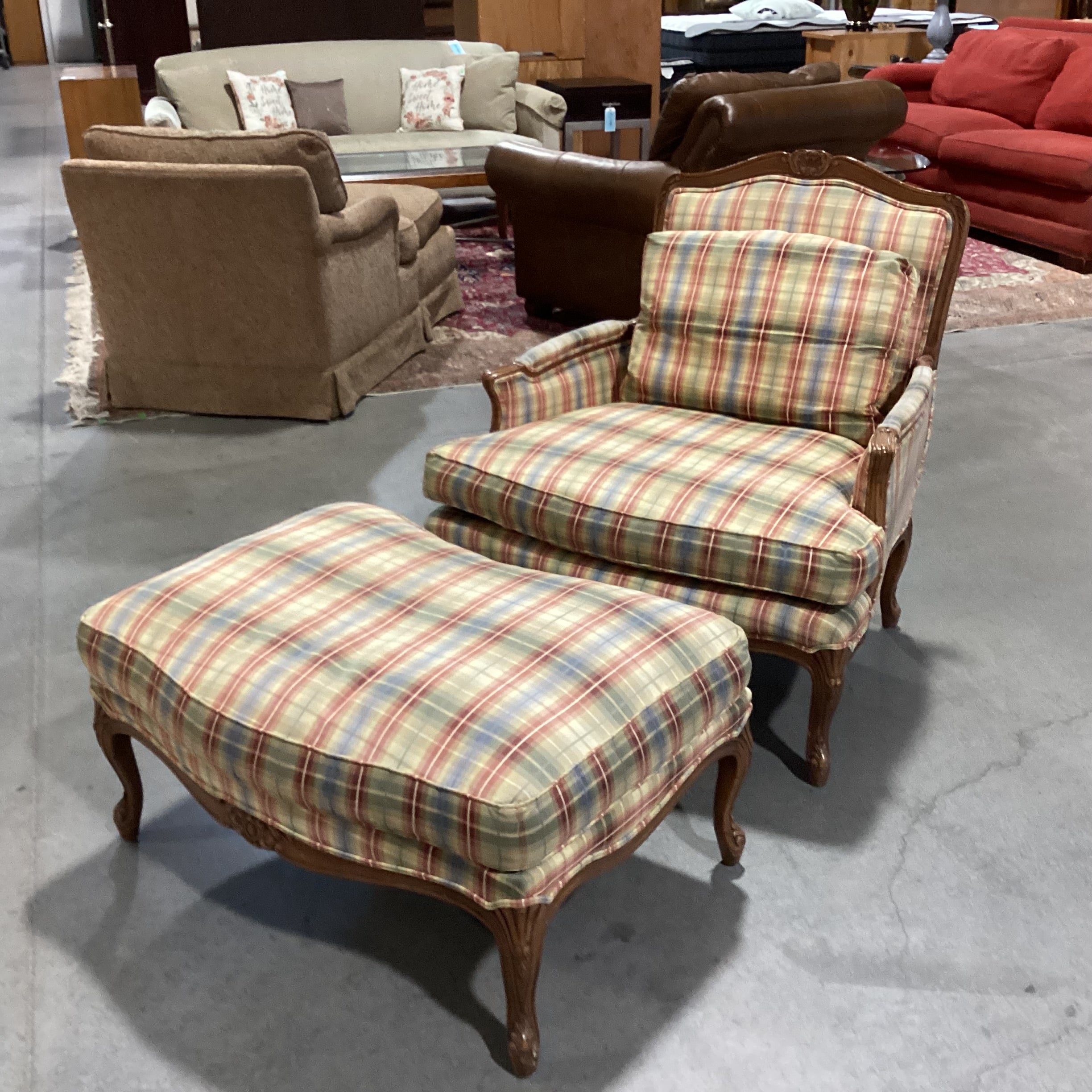 French Provincial Style Carved Wood & Plaid Down with Ottoman Chair 37"x 34"x 38"