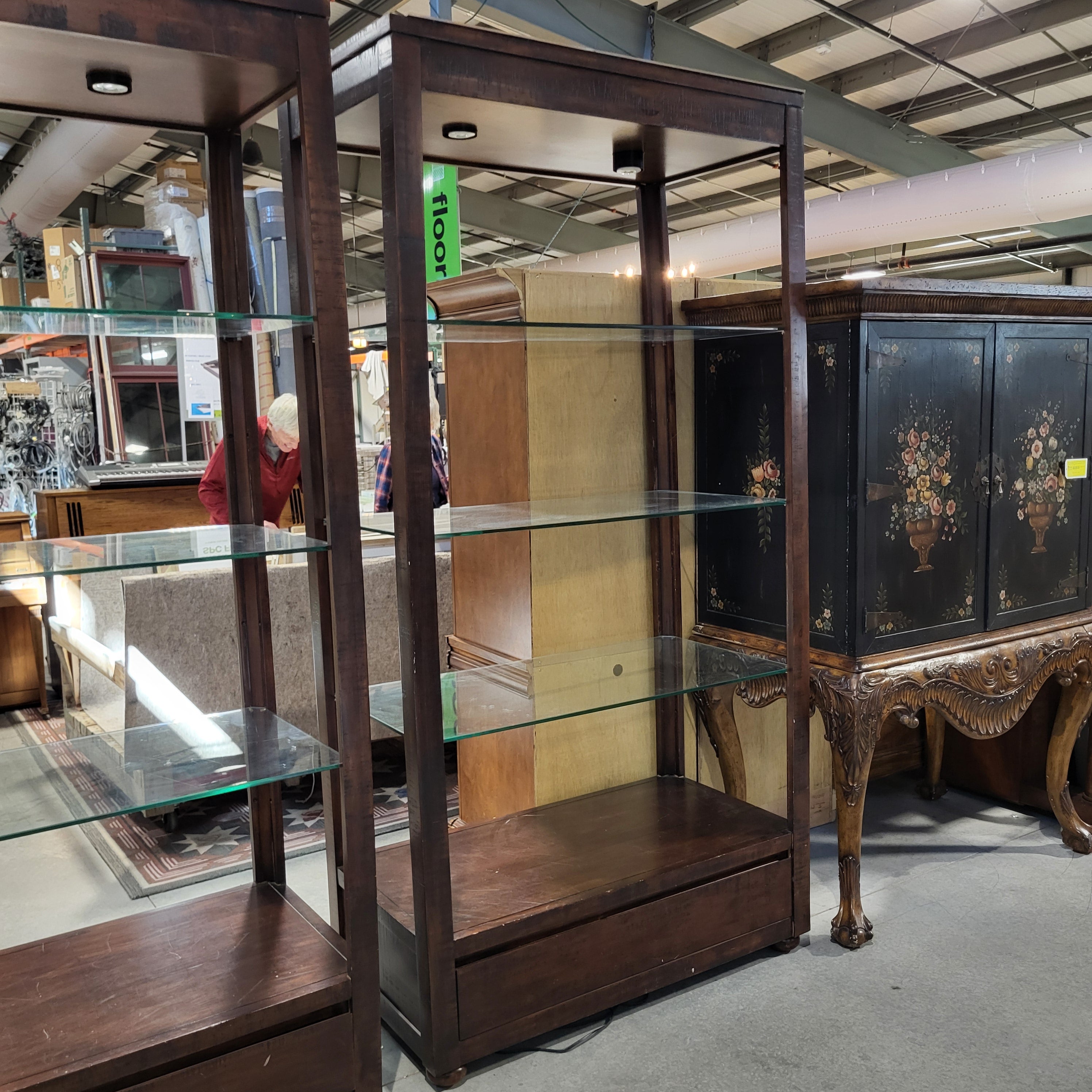 46"x 24"x 90.5" Dark Wood Glass Shelves 1 Drawer Display Case