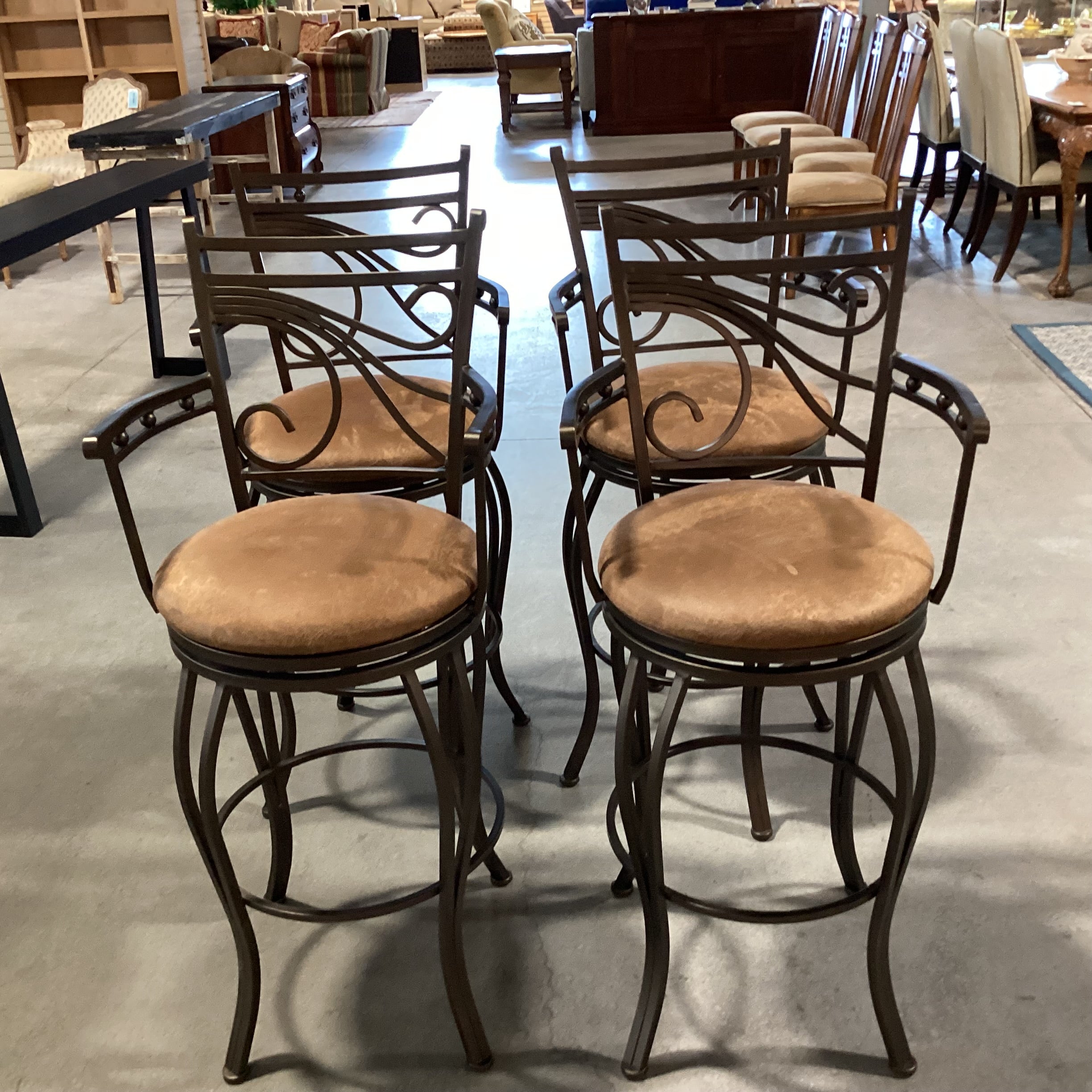 SET of 4 Ornate Metal & Faux Leather Style Swivel Barstools 30"
