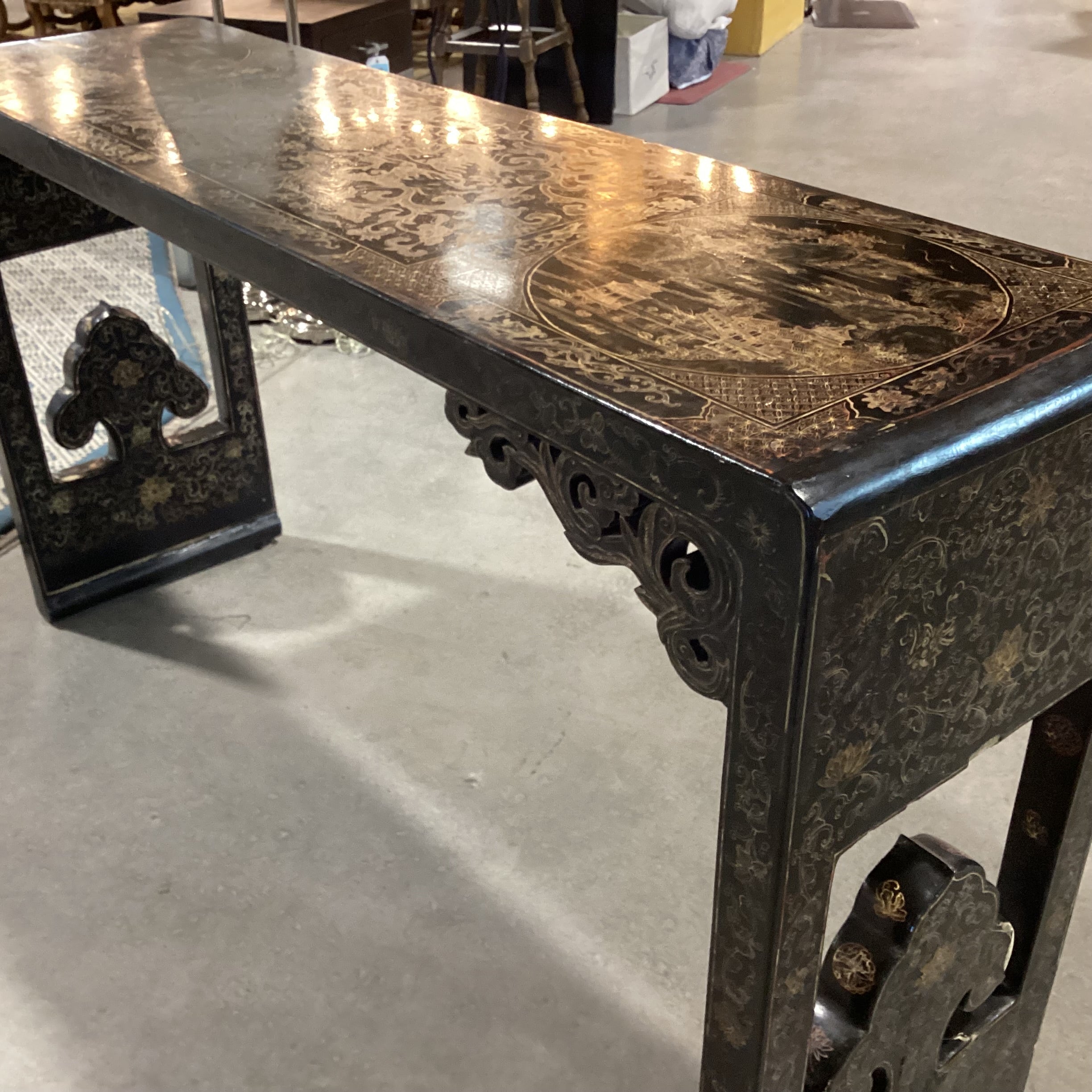Vintage Chinoiserie Black Lacquer & Gold Hand Painted Console Sofa Table 61"x 16"x 34"