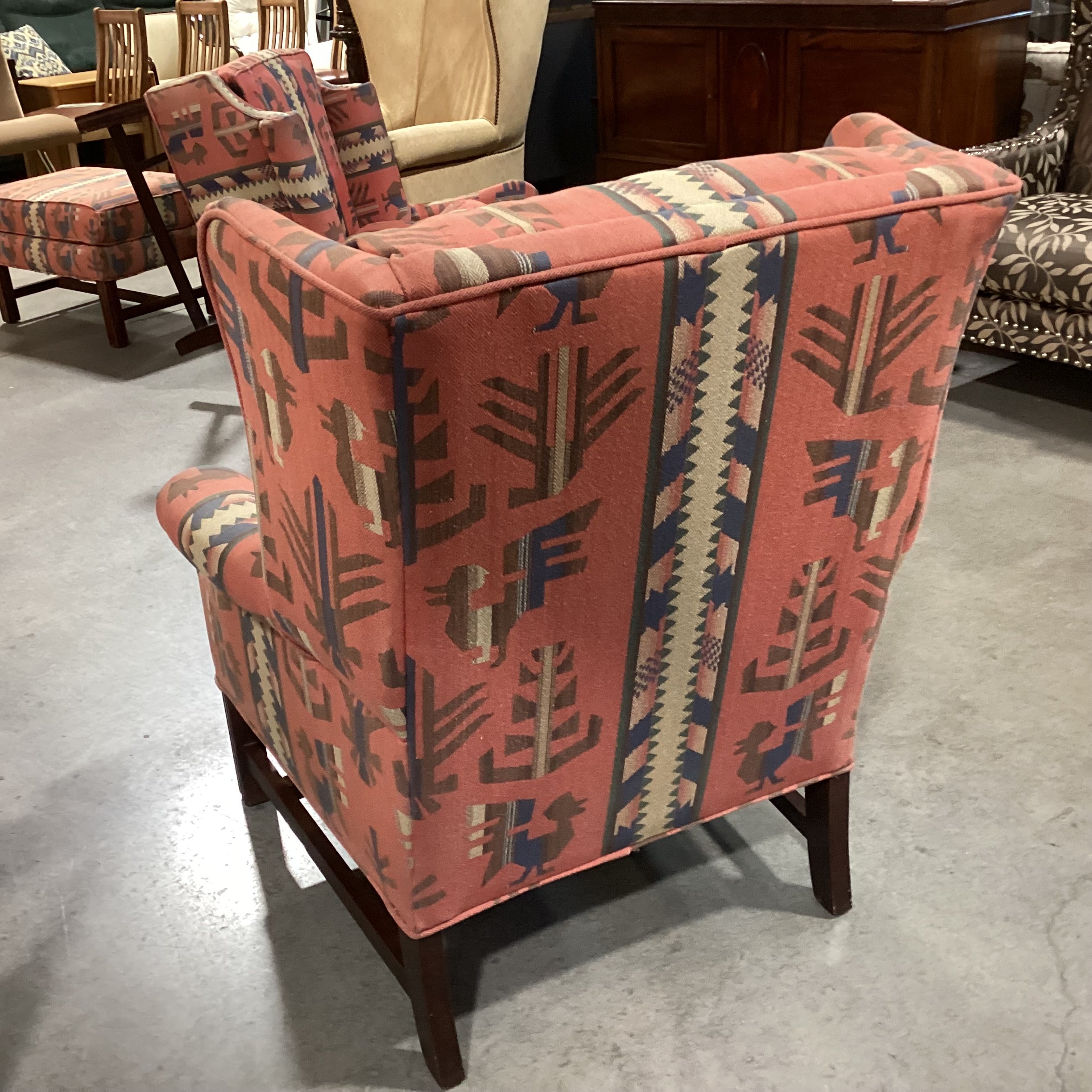 Red & Blue Southwest Woven & Wood Base Wing Chair 34"x 36"x 41"