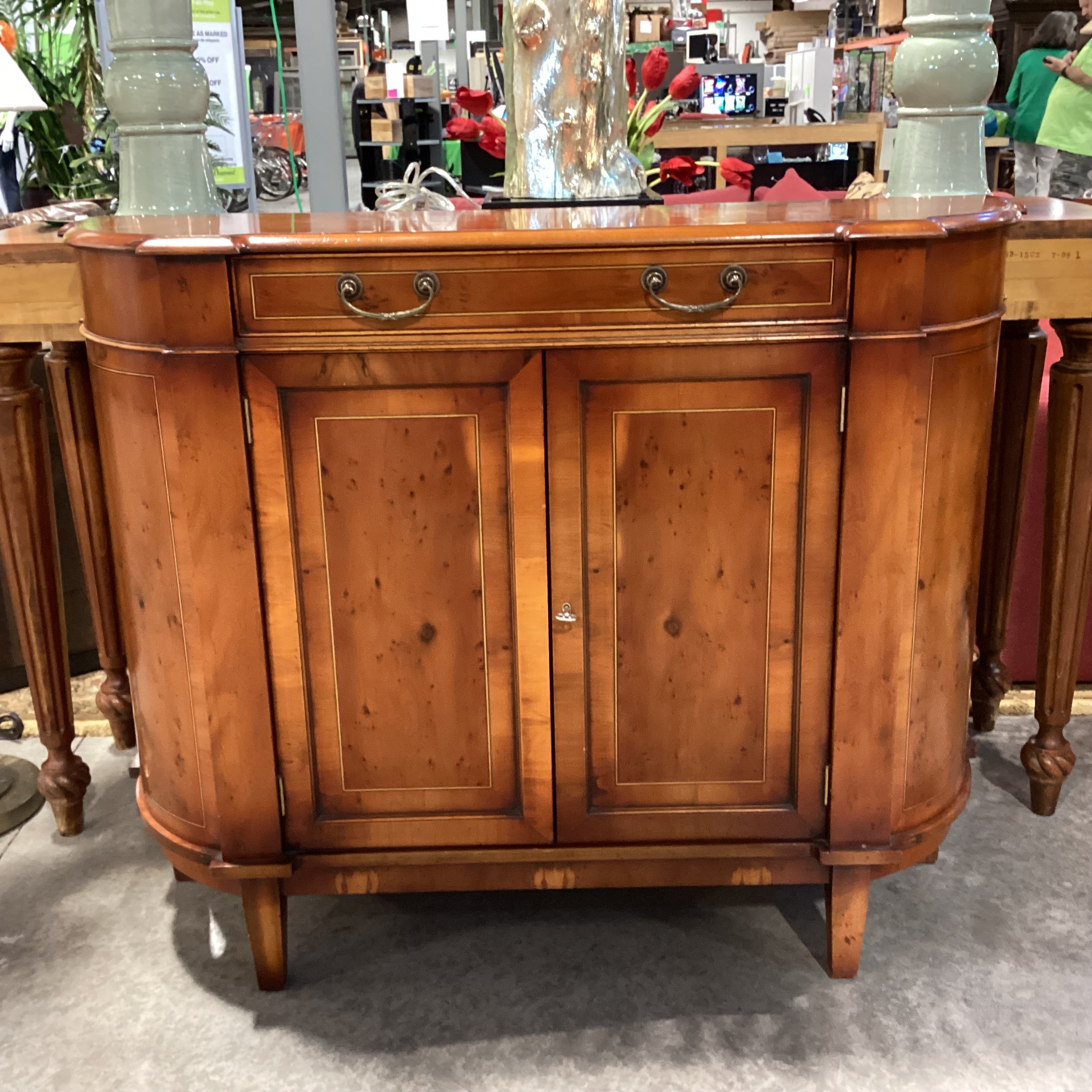 Antique Inspired Bow Front Burl or Birdseye Veneer & Decorative Inlay Lines 2 Door with Drawer Console 48"x 15.5"x 38.5"