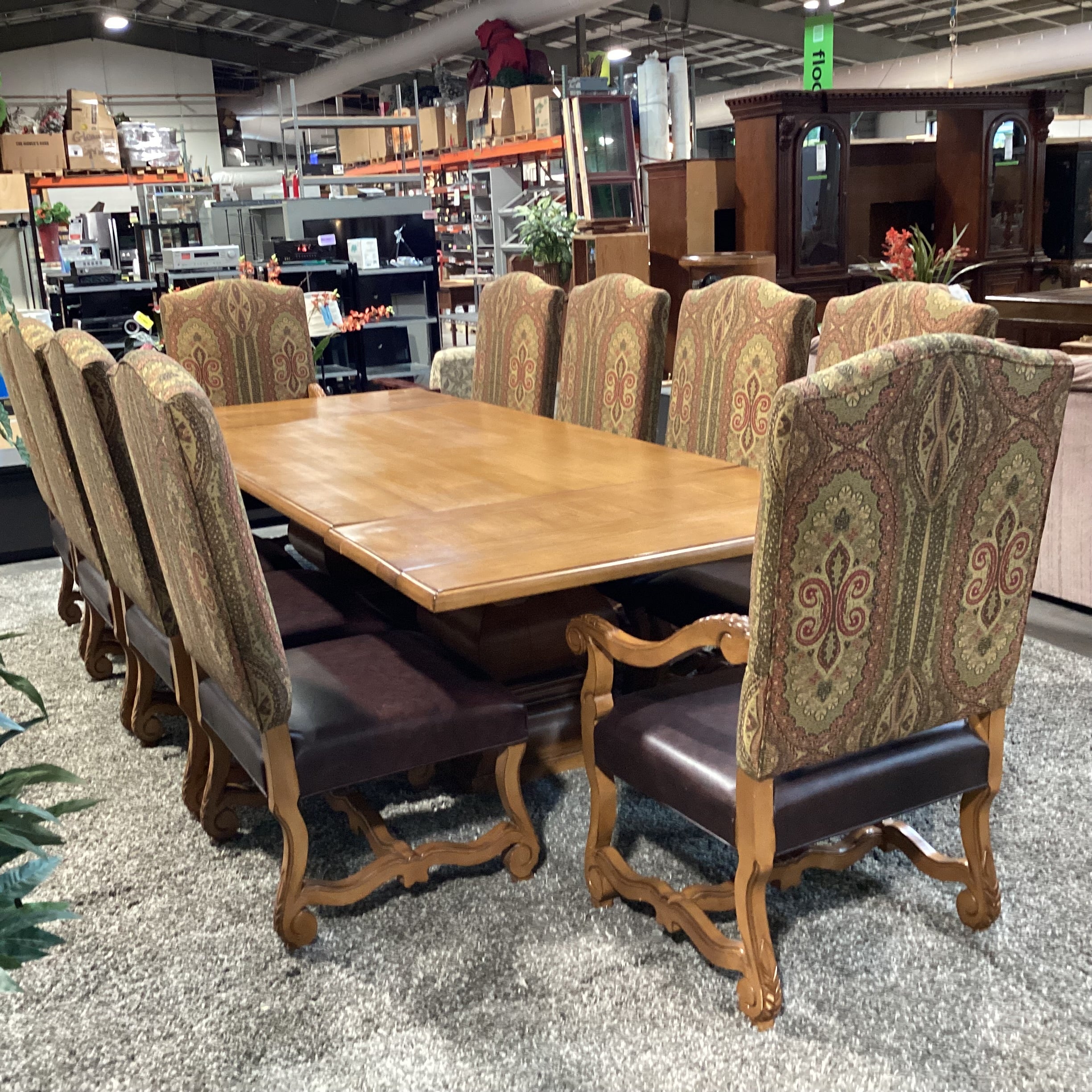 Custom Solid Wood 2 End Extend Leaves Double Pedestal Table with 10 Chairs Dining Set 120"x 48"x 30.5"