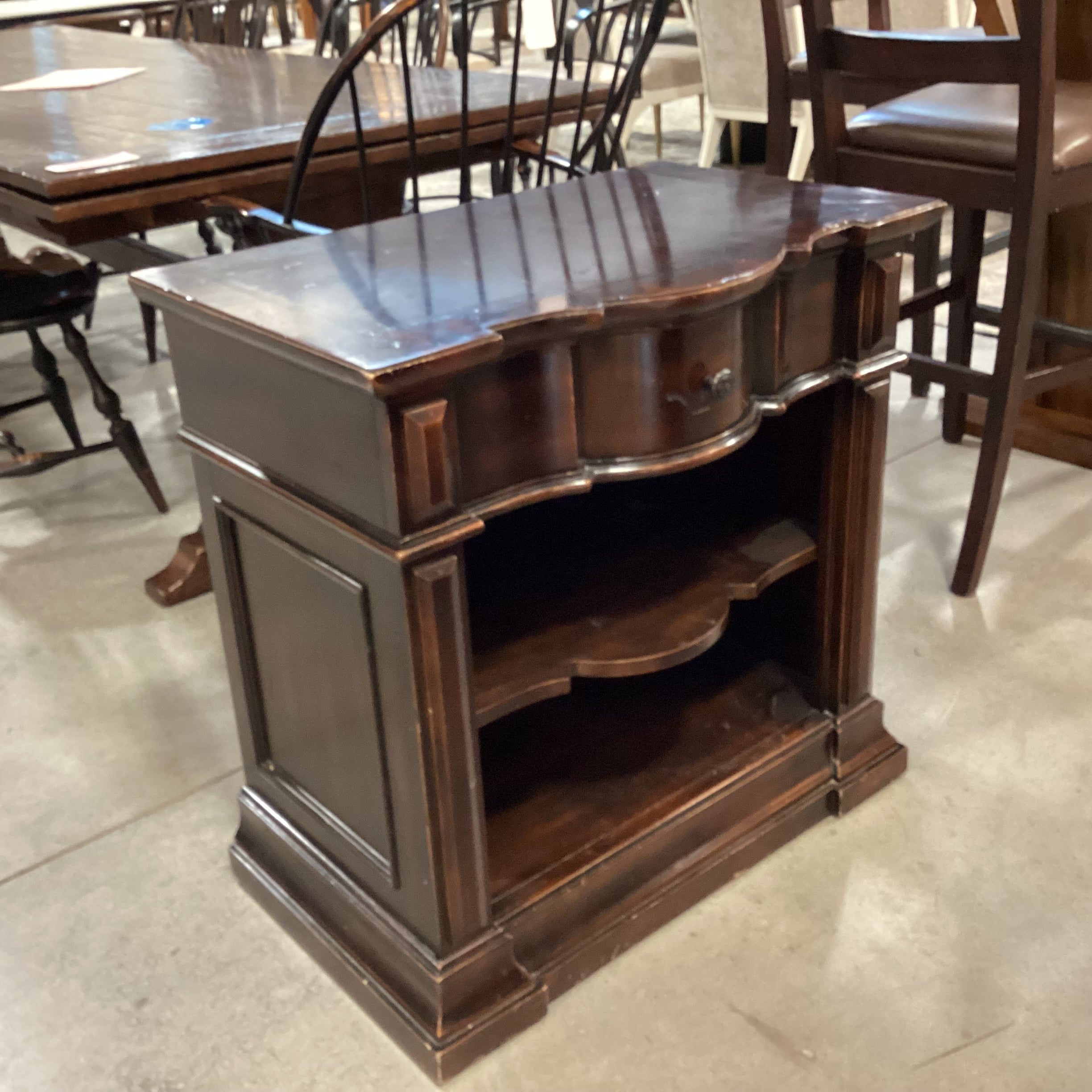 Artistica Dark Finish Serpentine Shape Carved Wood 1 Drawer with Shelves Nightstand 30"x 19"x 30"