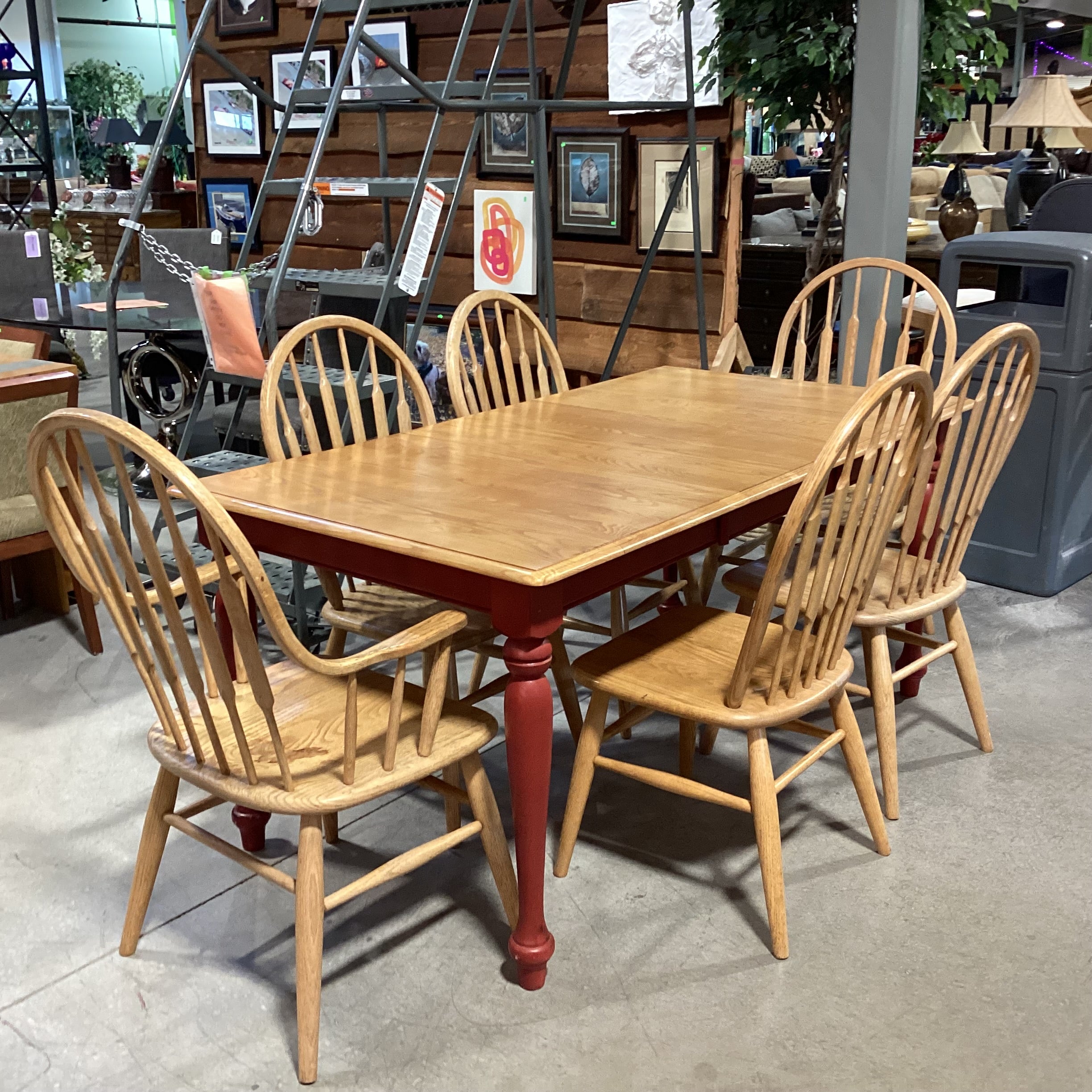 Country Oak & Red Legs 1 Leaf Table with 6 Oak Chairs Dining Set 66.5"x 36.5"x 30"