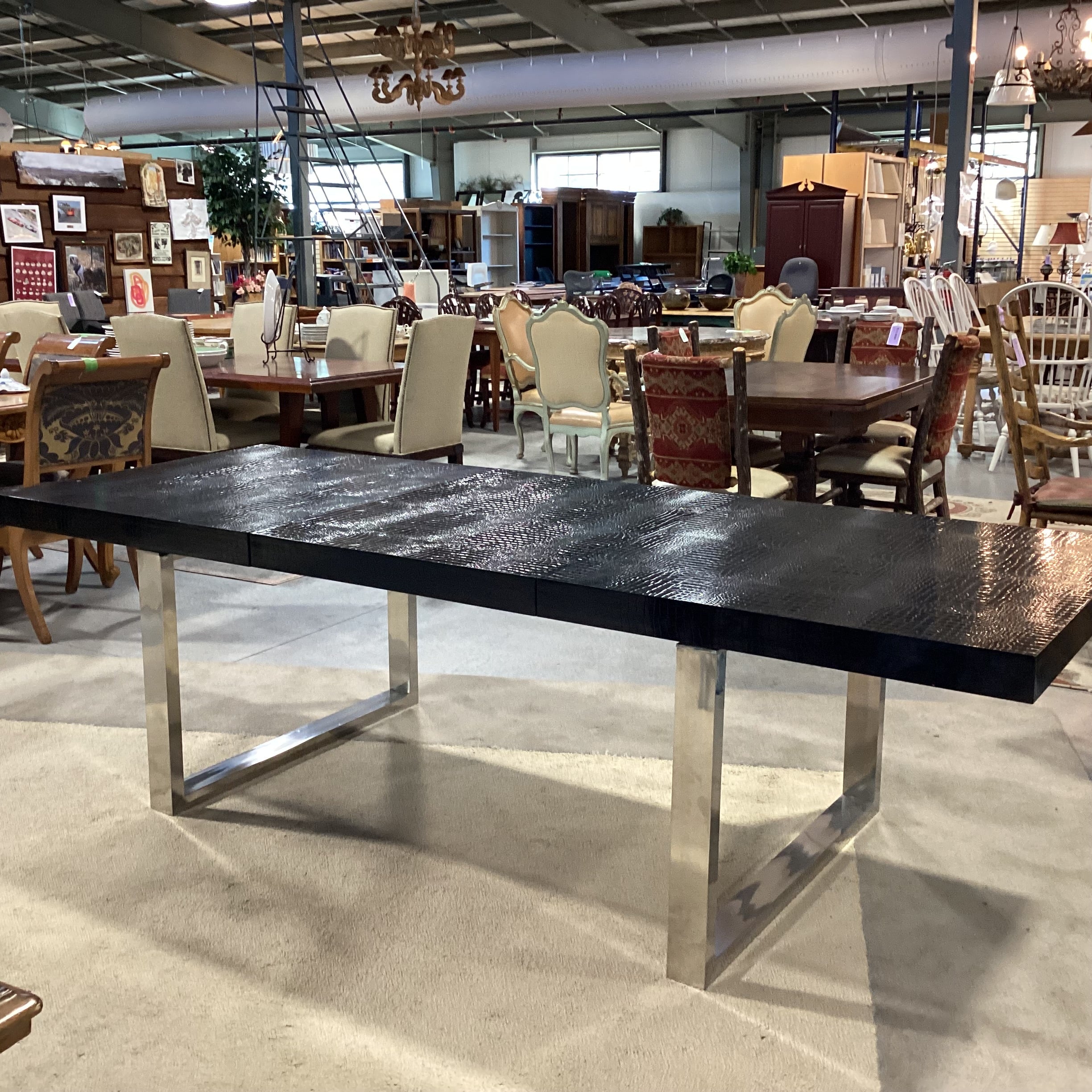 A & X Casa Luxury Collection Skyline Modern Black Krocodile Lacquer & Chrome 1 Leaf Dining Table 71" to 100.5"x 37"x 29"