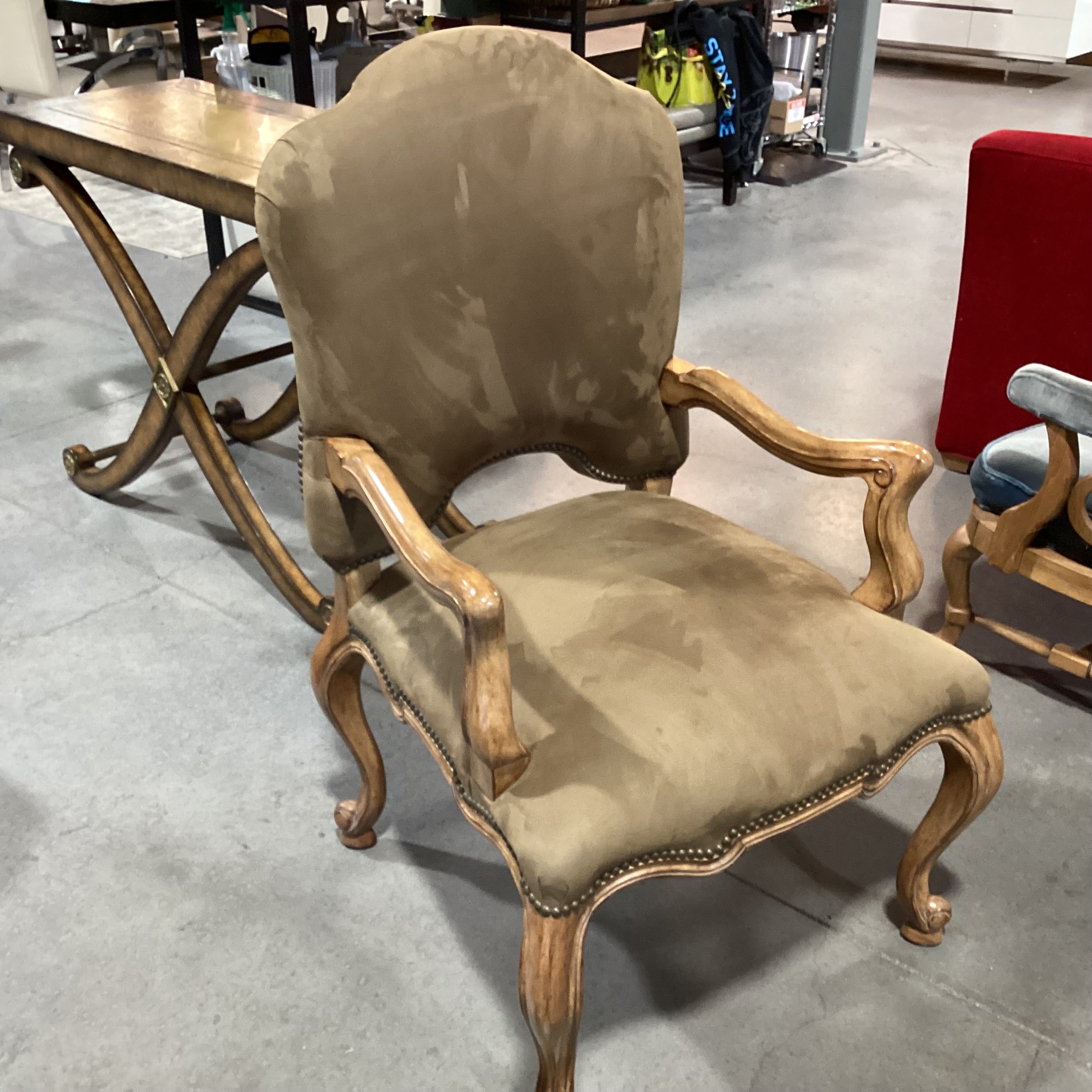 Kreiss Tan Ultra Suede Nailhead & Carved Wood Chair 27"x 27"x 44"