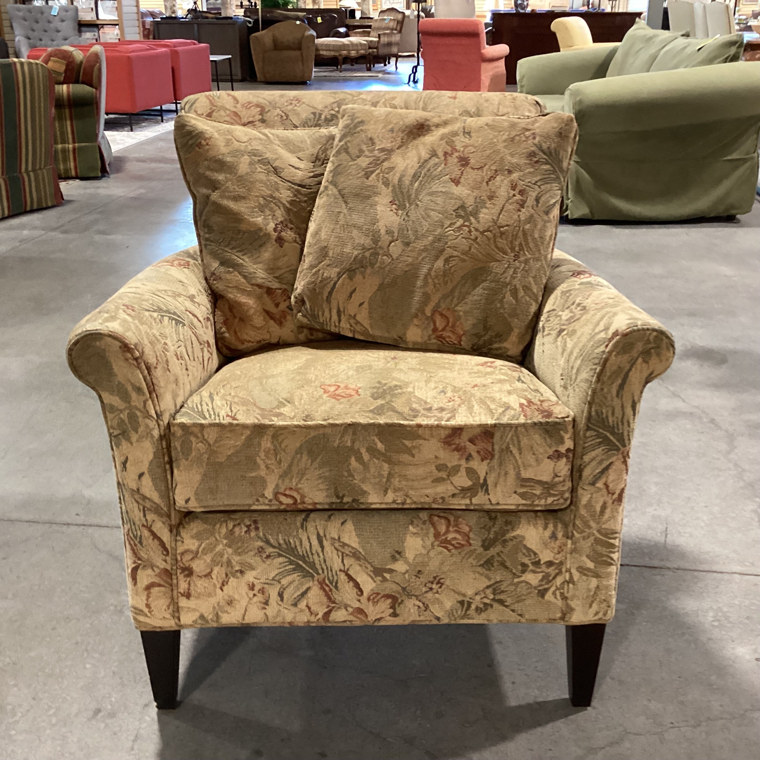 Golden Tan Green & Red Floral Chair 34"x 36"x 36"