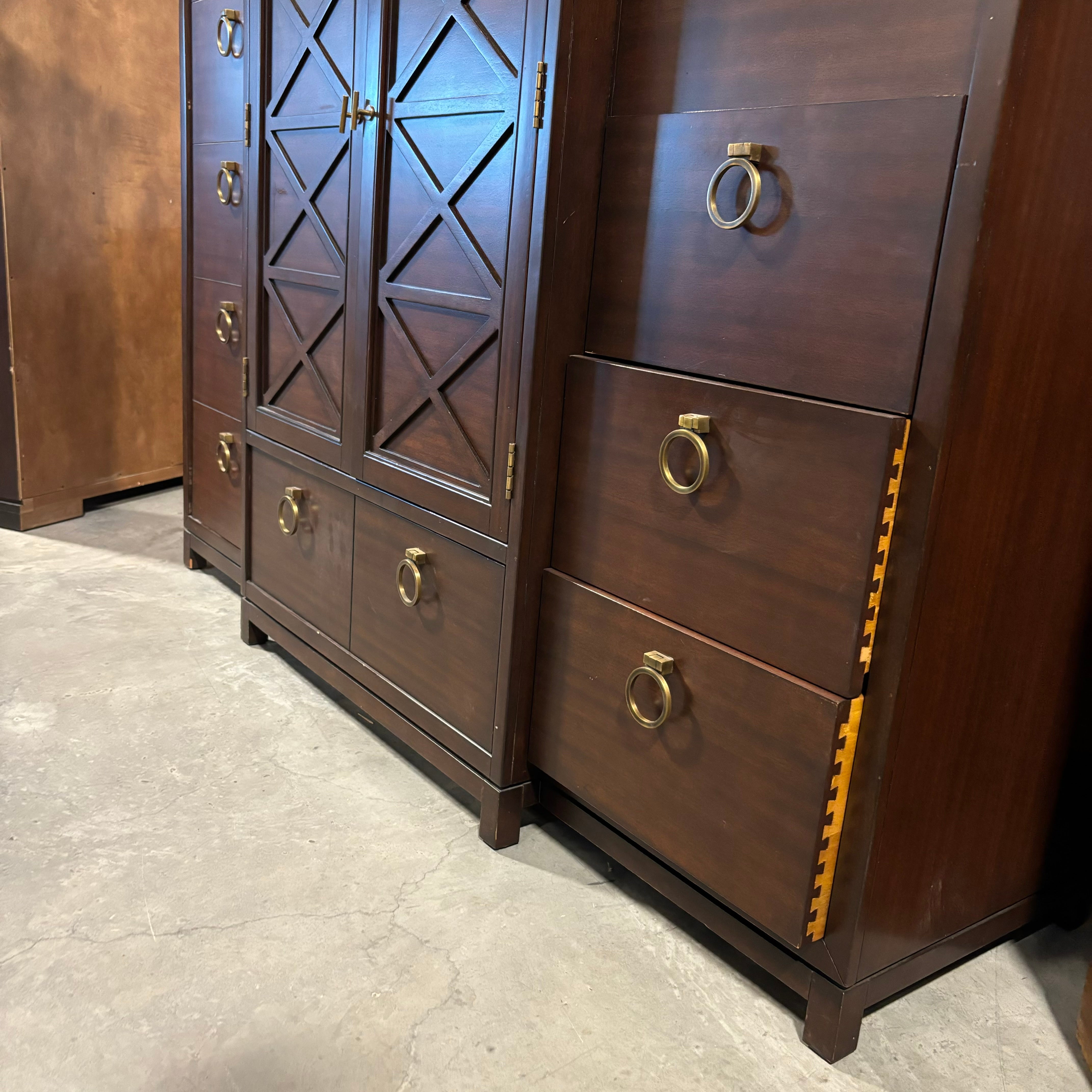 Designed by Michael Weiss for Vanguard Solid Dark Finish Wood 6 Drawer 3 Door with Brass Pulls Wardrobe Dresser 70"x 21"x 56"