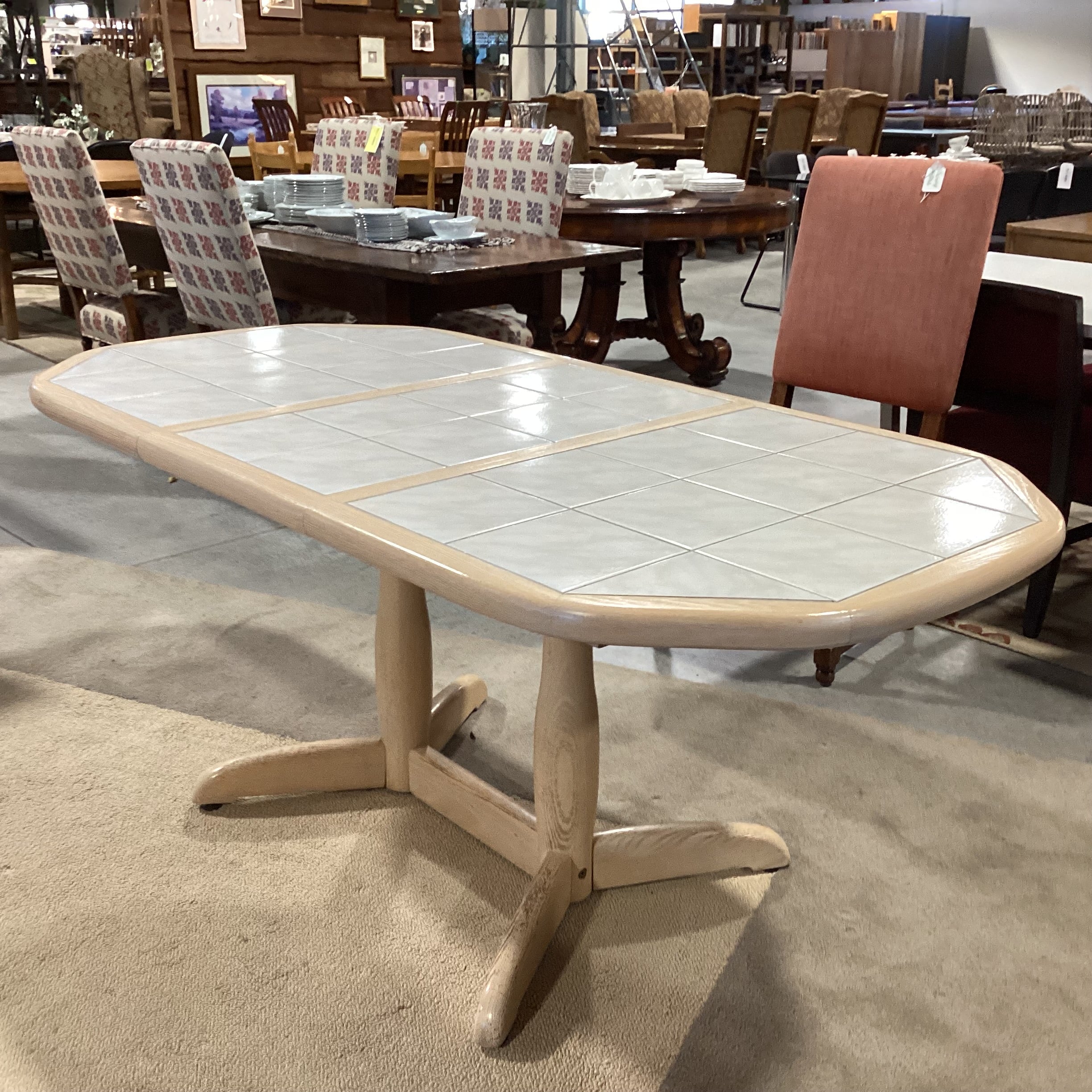 Light Washed Oak & Tile Top 1 Leaf Oval Dining Table 71"x 36"x 29"