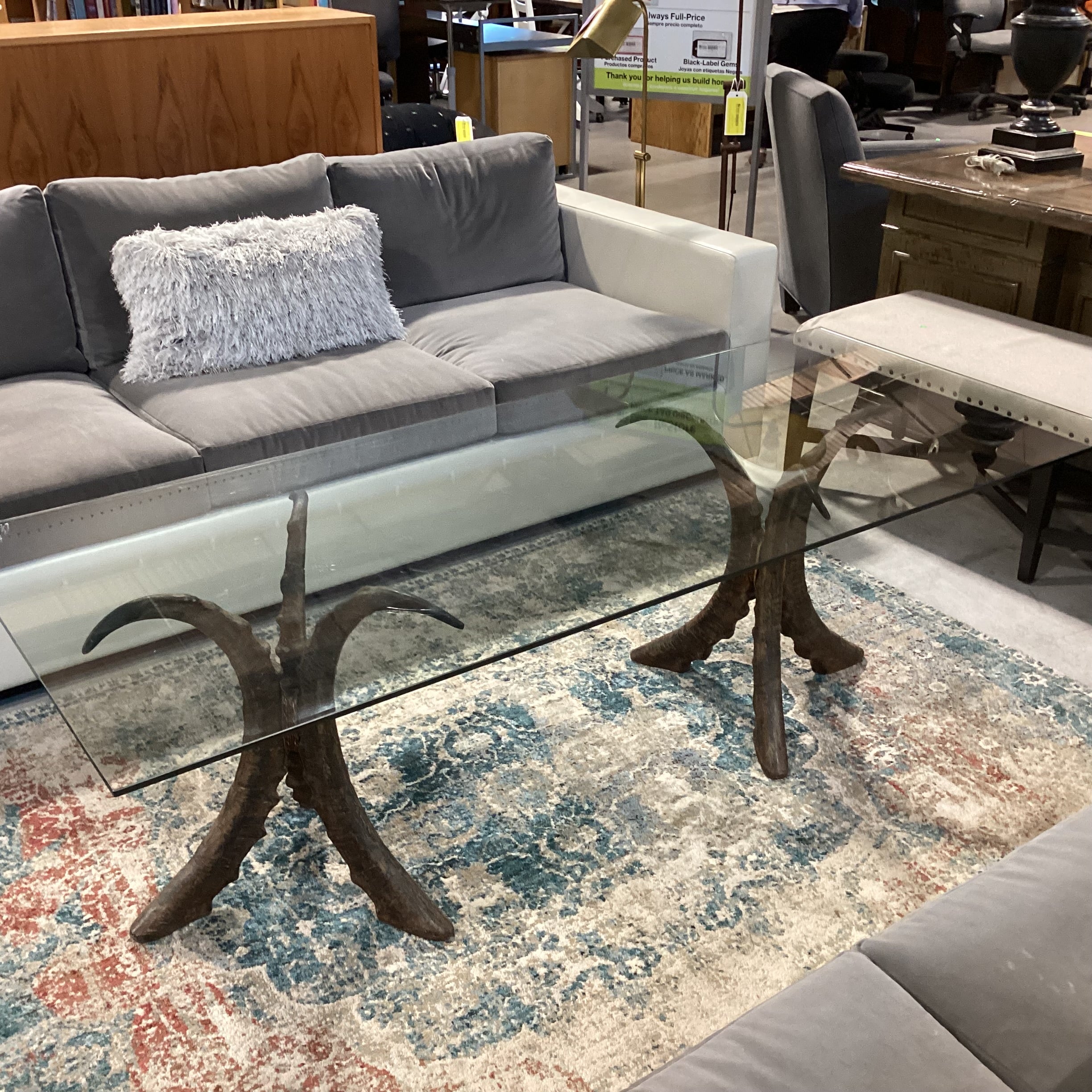 Carved Wood Tri Horn Pedestals with Glass Top Coffee Table 72"x 30"x 23"
