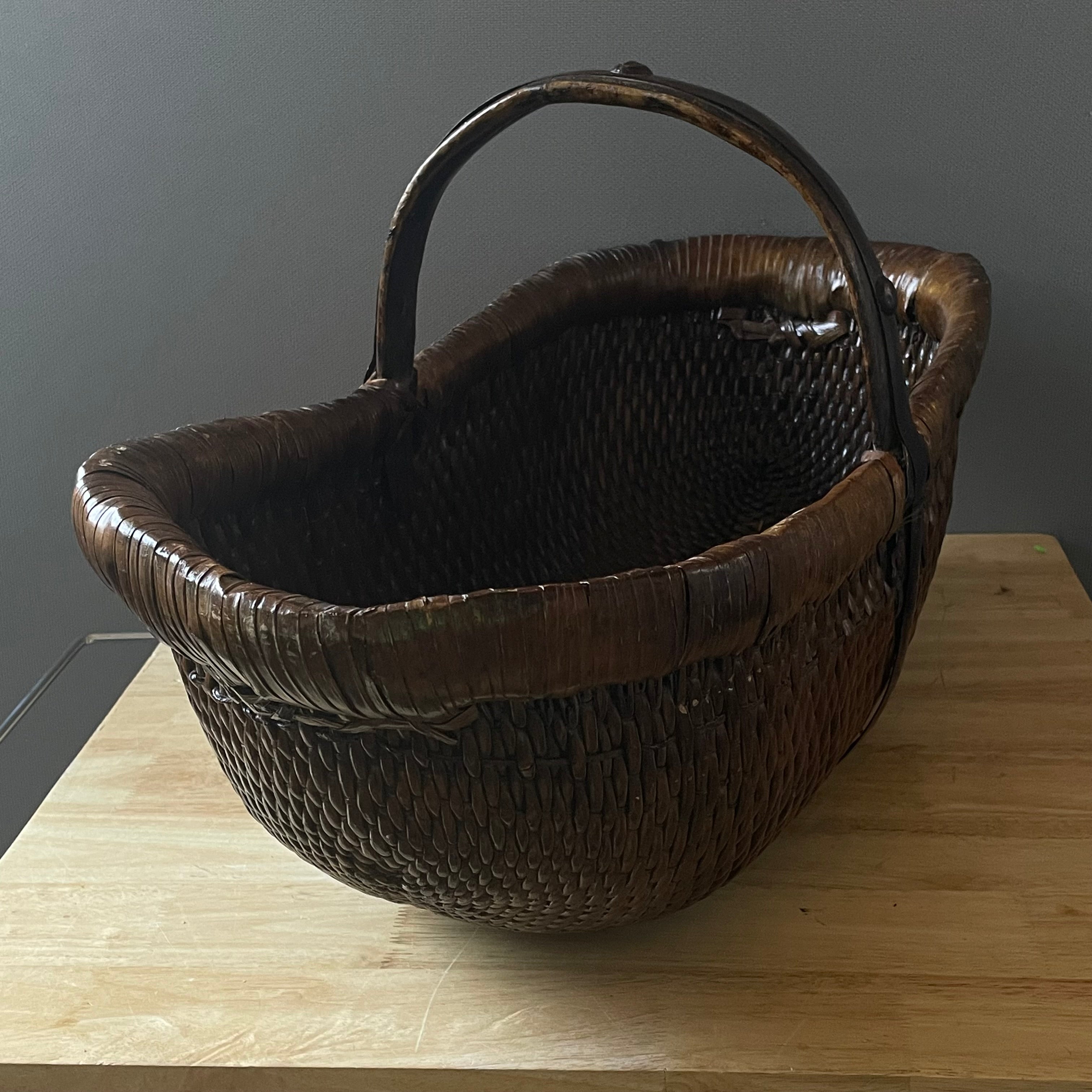 Vintage Chinese Woven Gathering Basket, 26"x 11.5"x 14.5"
