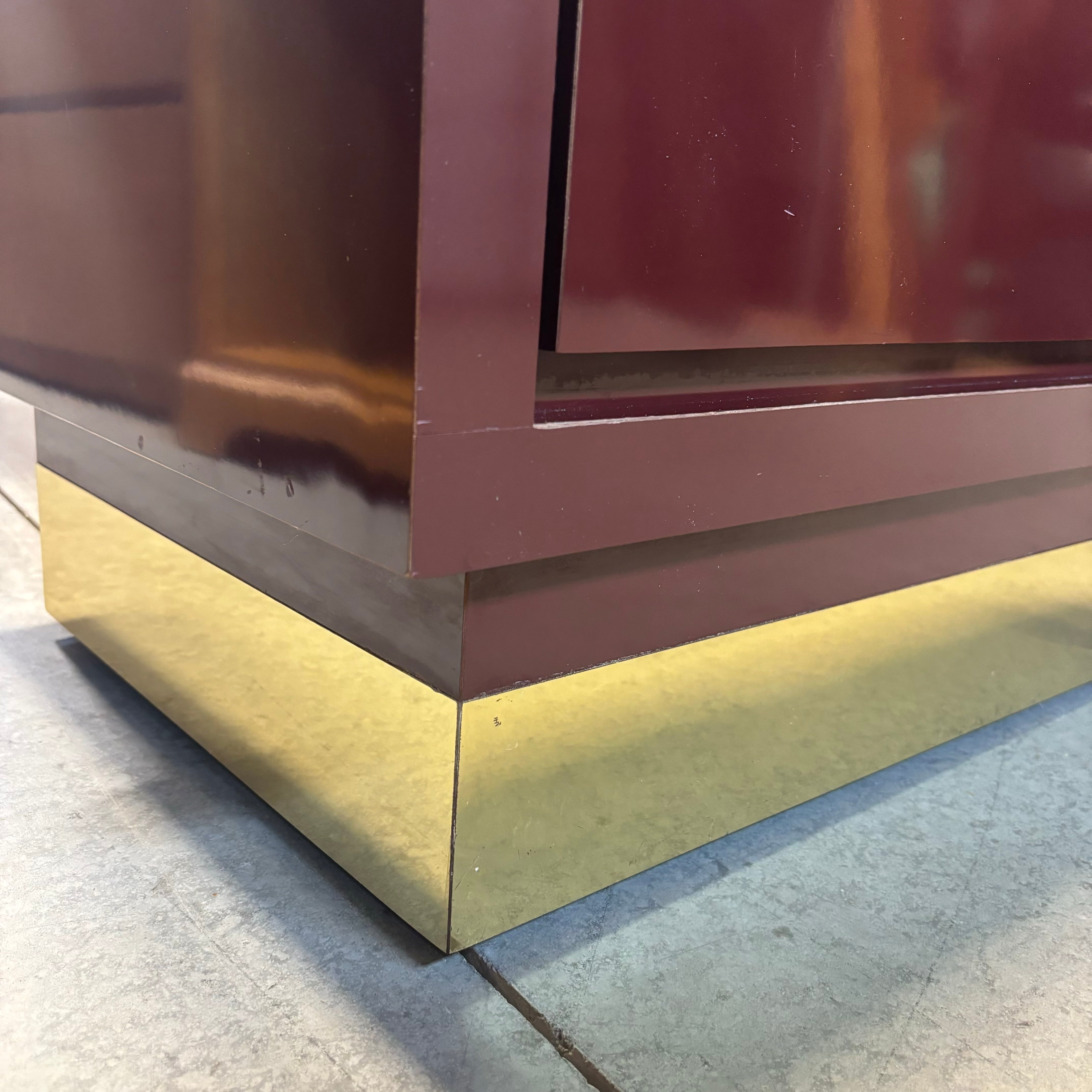 Maroon Lacquer Finish & Brass Finish Base 2 Drawer Nightstand 24"x 18"x 24"