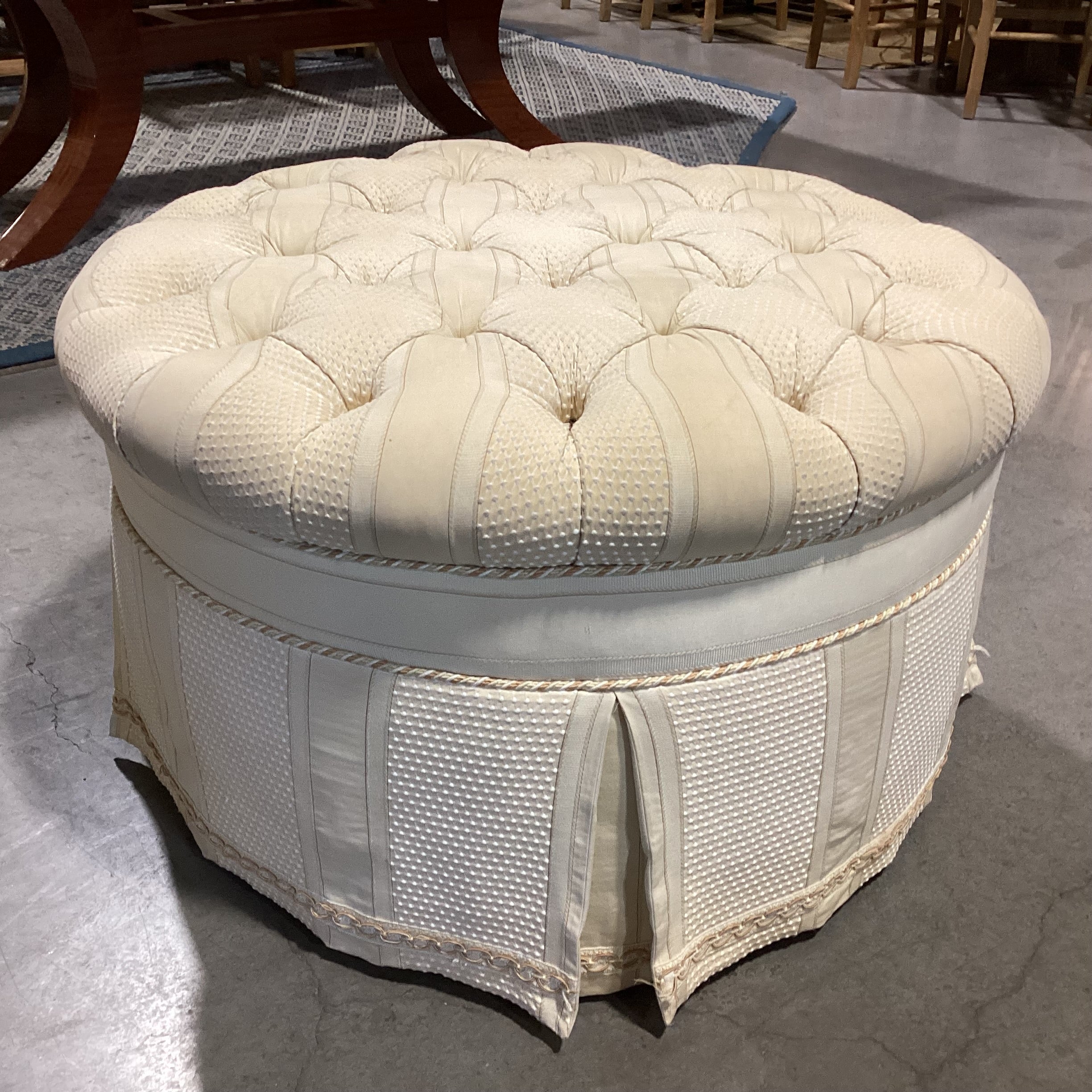 Cream Gold Pattern Ribbon Tufted Round Skirted Ottoman 34" Diameter x 20"