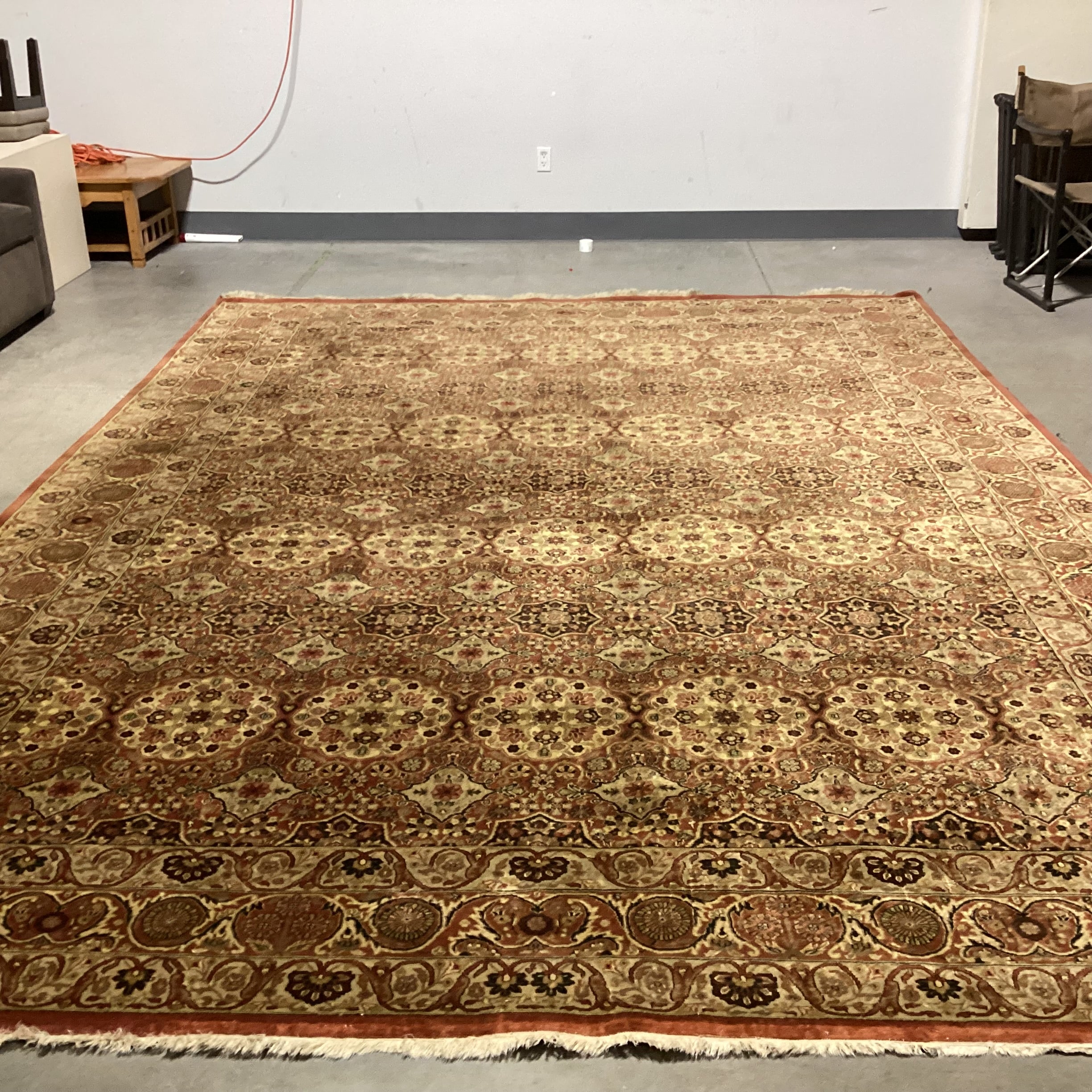 Vintage Antique Gold & Rust Hand Woven Wool or Possibly Silk Rug 9'9"x 13'10"