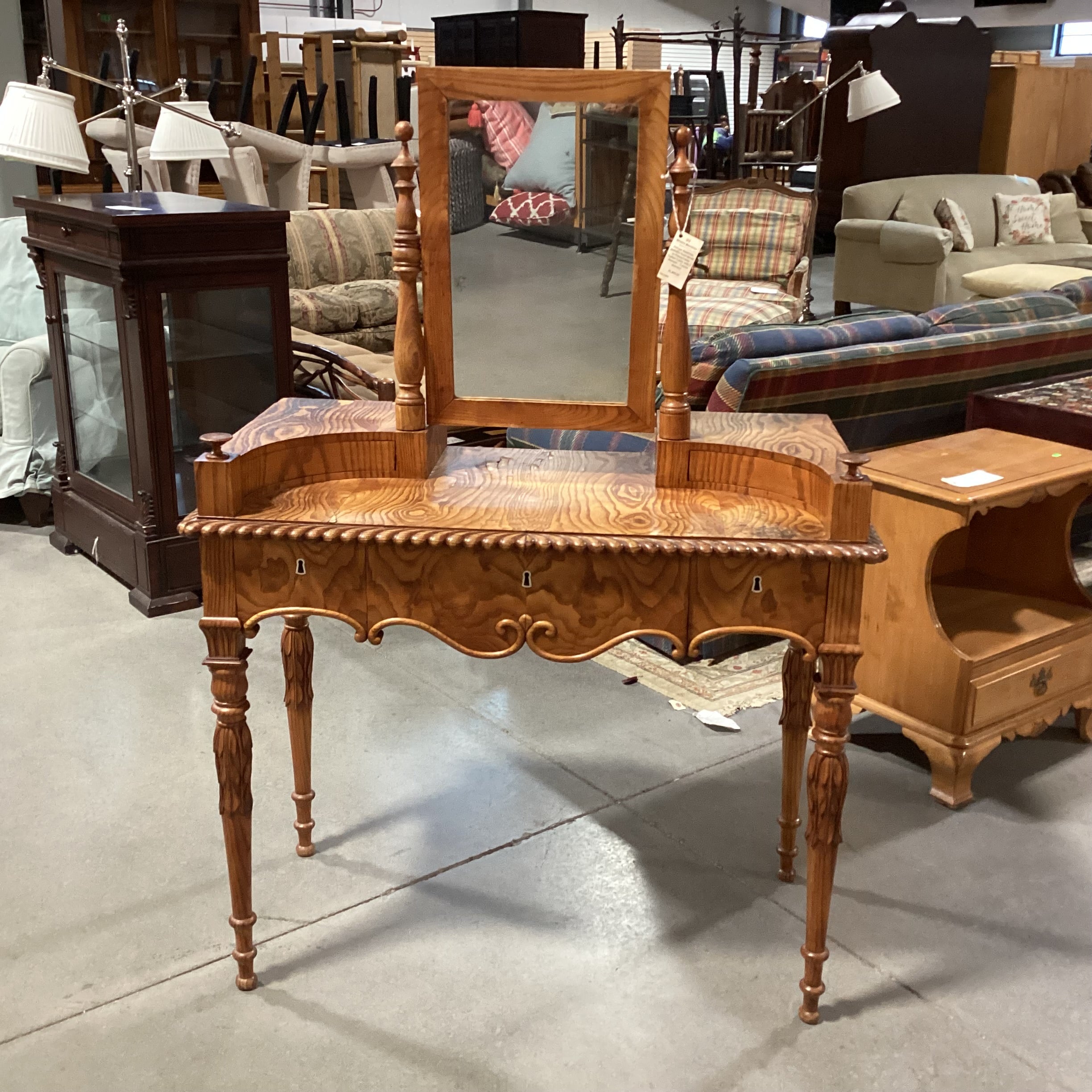 Antique American Carved Wood & Veneer 5 Drawer with Mirror Ladies Vanity Dresser 38"x 19"x 53"
