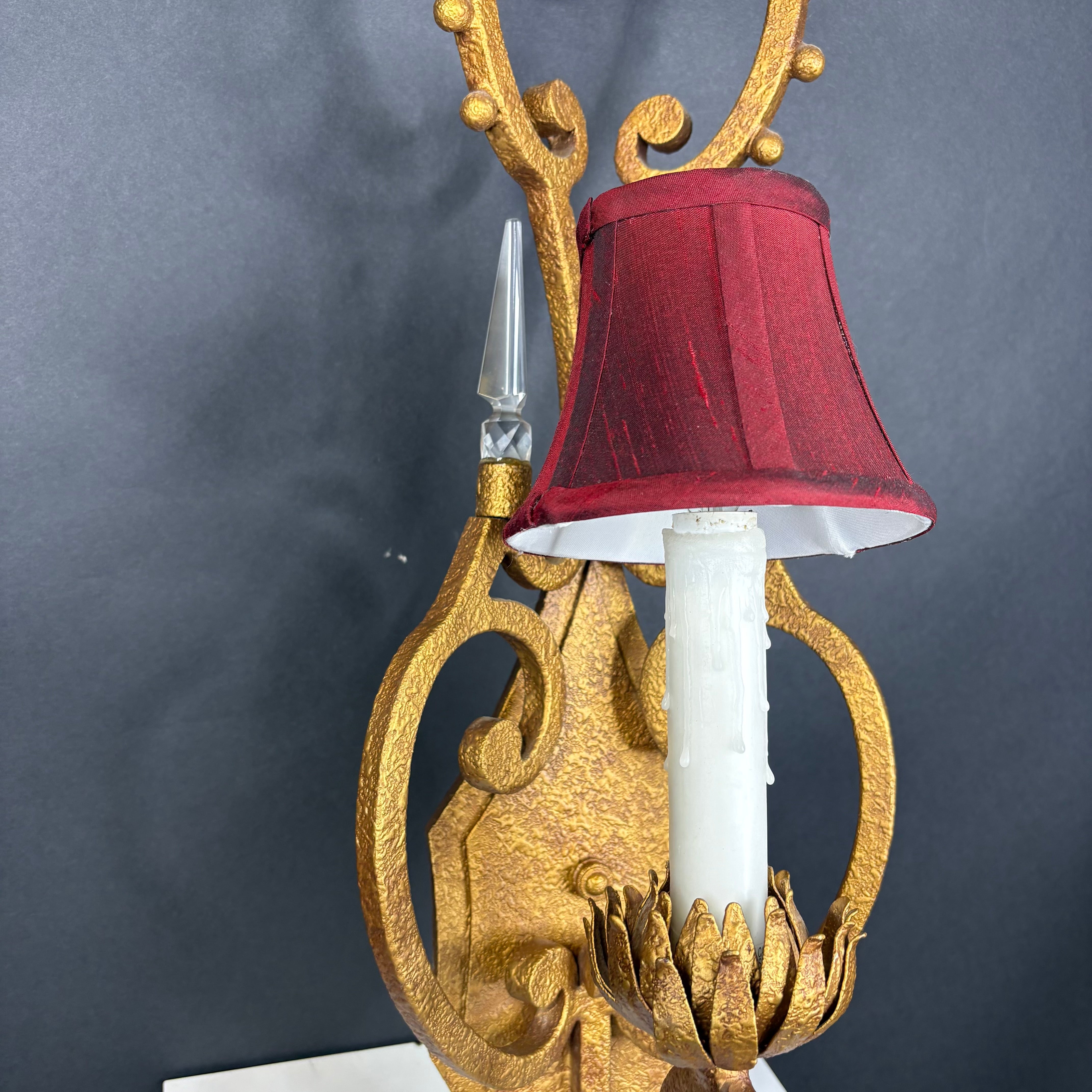 Hollywood Regency Style 1-Light Textured Gold Finish Metal and Crystal Accents with Shade Wall Sconce 8”x 26”x 7.5”