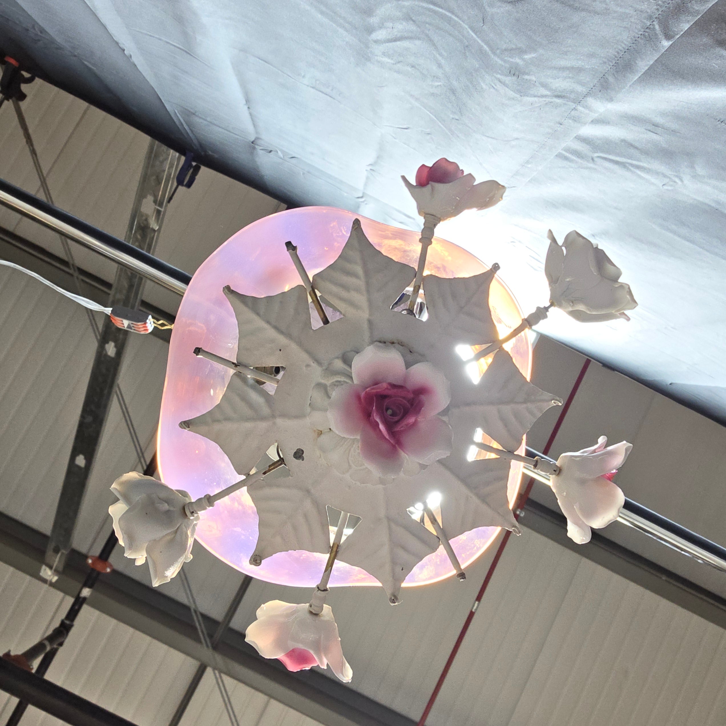 Vintage Burmese Pink Fenton Glass Rose Three Light Rose Chandelier with Crystals 10"Dx24"