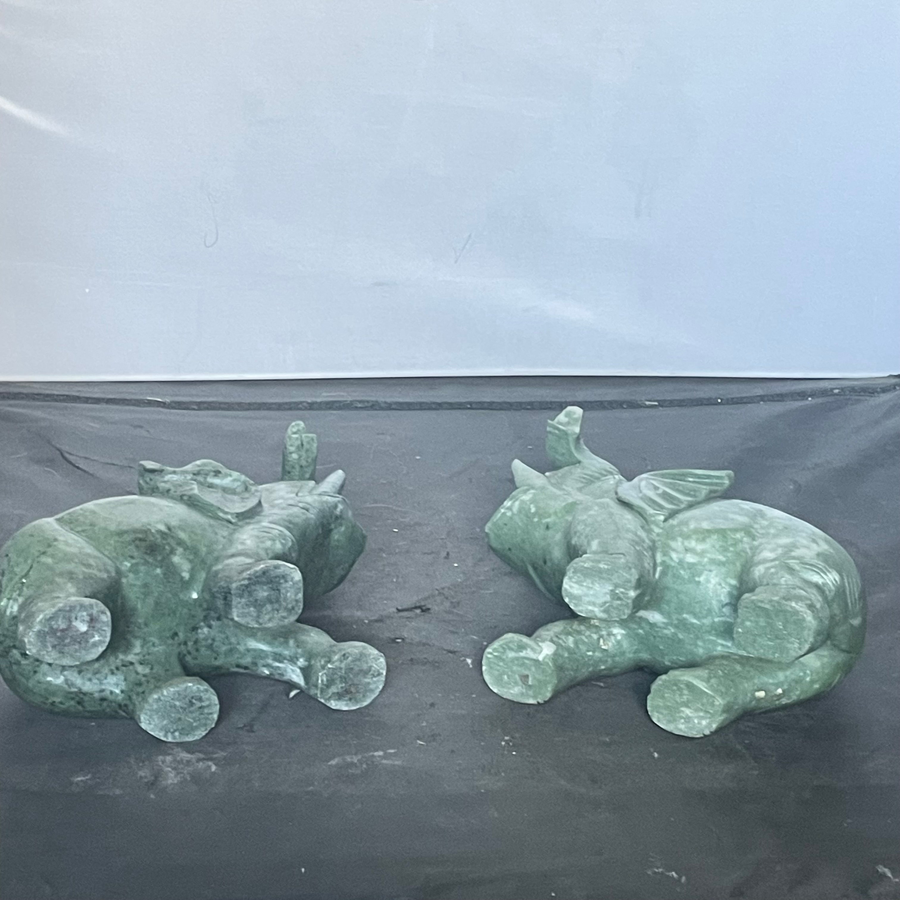 Hand Carved Spinach Jade or Verdite Elephant Figurines, Pair