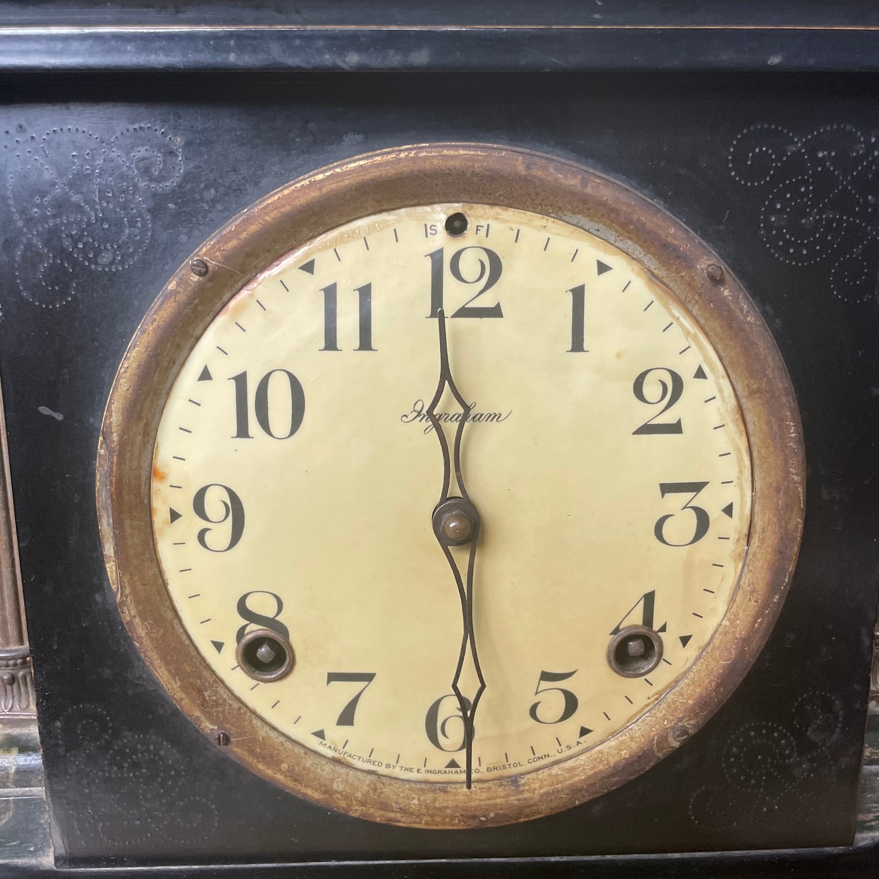 Antique Late 1800's Ingraham Black Enamel Floral Details Wood/Brass Lions Head Handles & Feet Chiming Mantle Clock, 15.25"x 6"x 10.5"