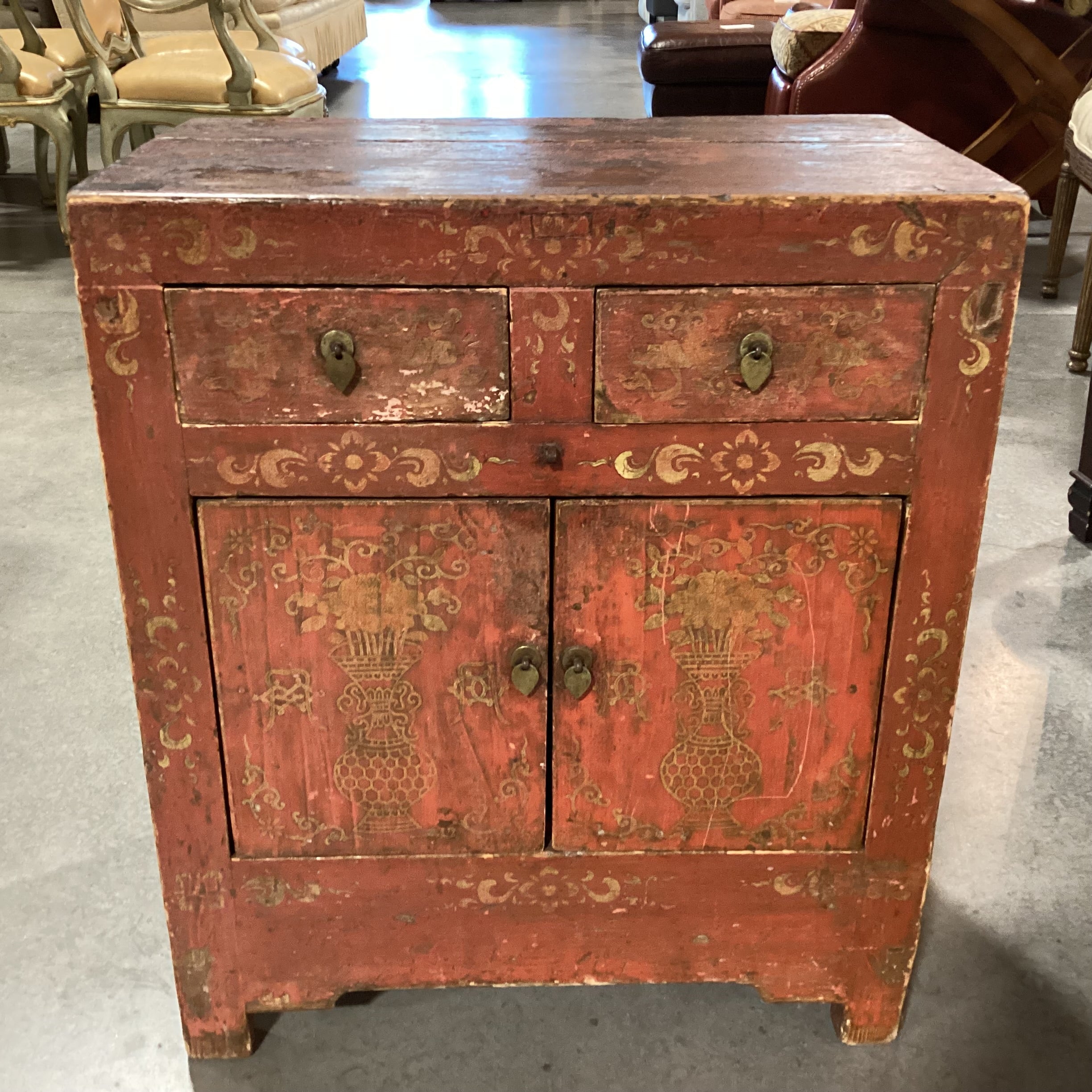 Vintage Antique Asian Carved Wood Red & Gold Painted 2 Drawer 2 Door Cabinet End Table 22"x 13.5"x 26"