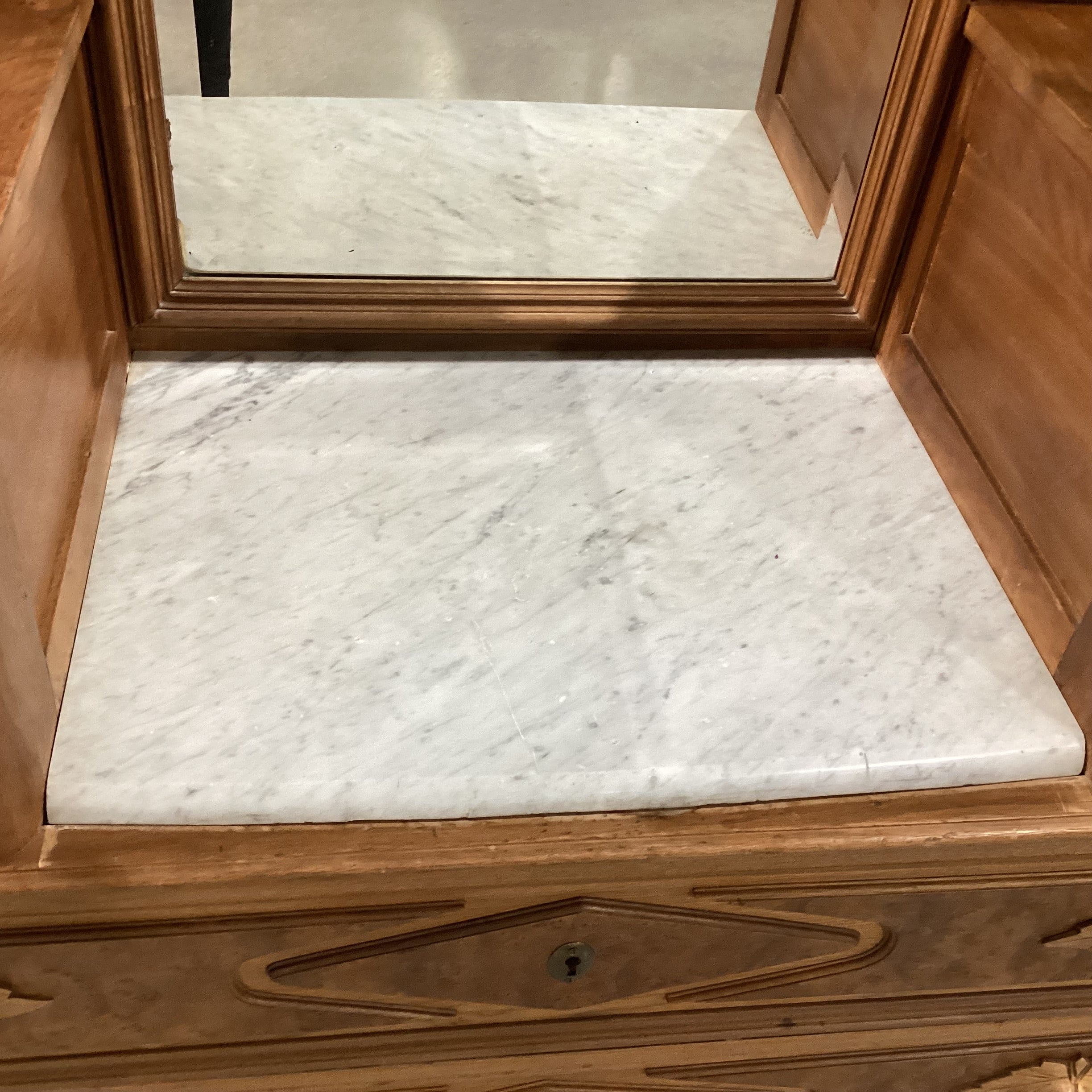 Antique Carved Wood with Mirror 4 Drawer & Marble Top Center Vanity Chest Dresser 52"x 20"x 87"