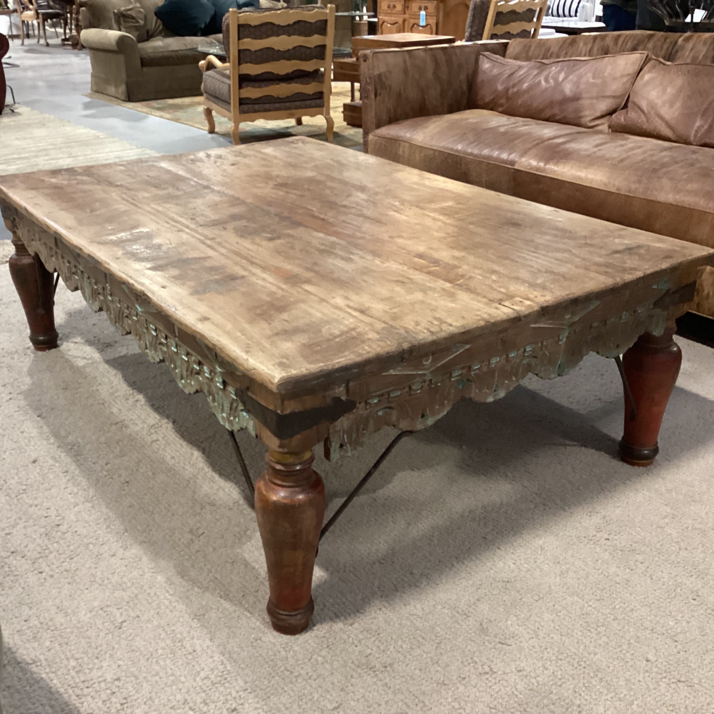 Malabar Coast Carved Wood Iron & Distressed Painted Detail Coffee Table 72"x 46.5"x 23"