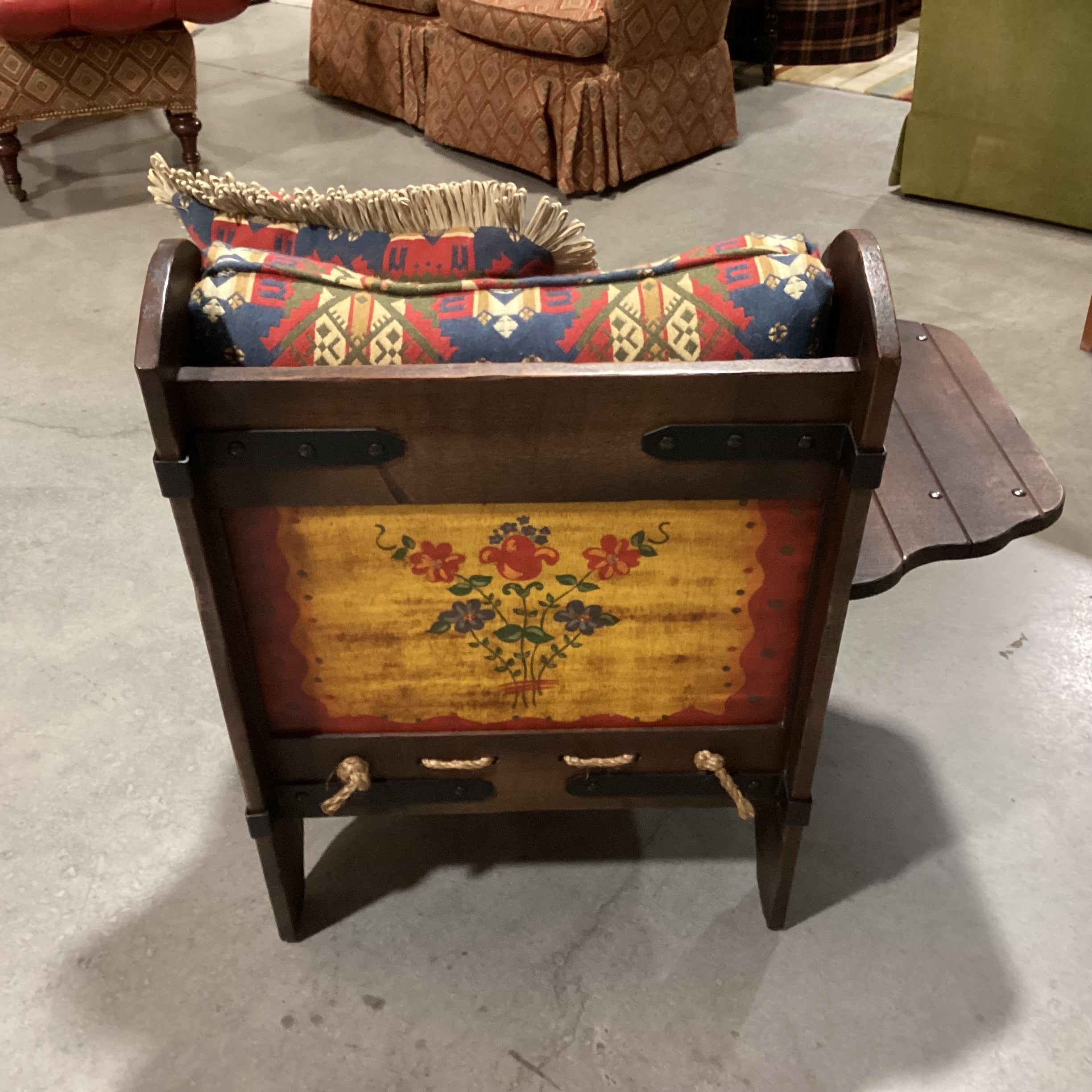 Art in Fine Forms Custom Dark Finish Plank Wood Iron & Rope Southwest Cushions with Side Table Chair 35"x 31"x 34"