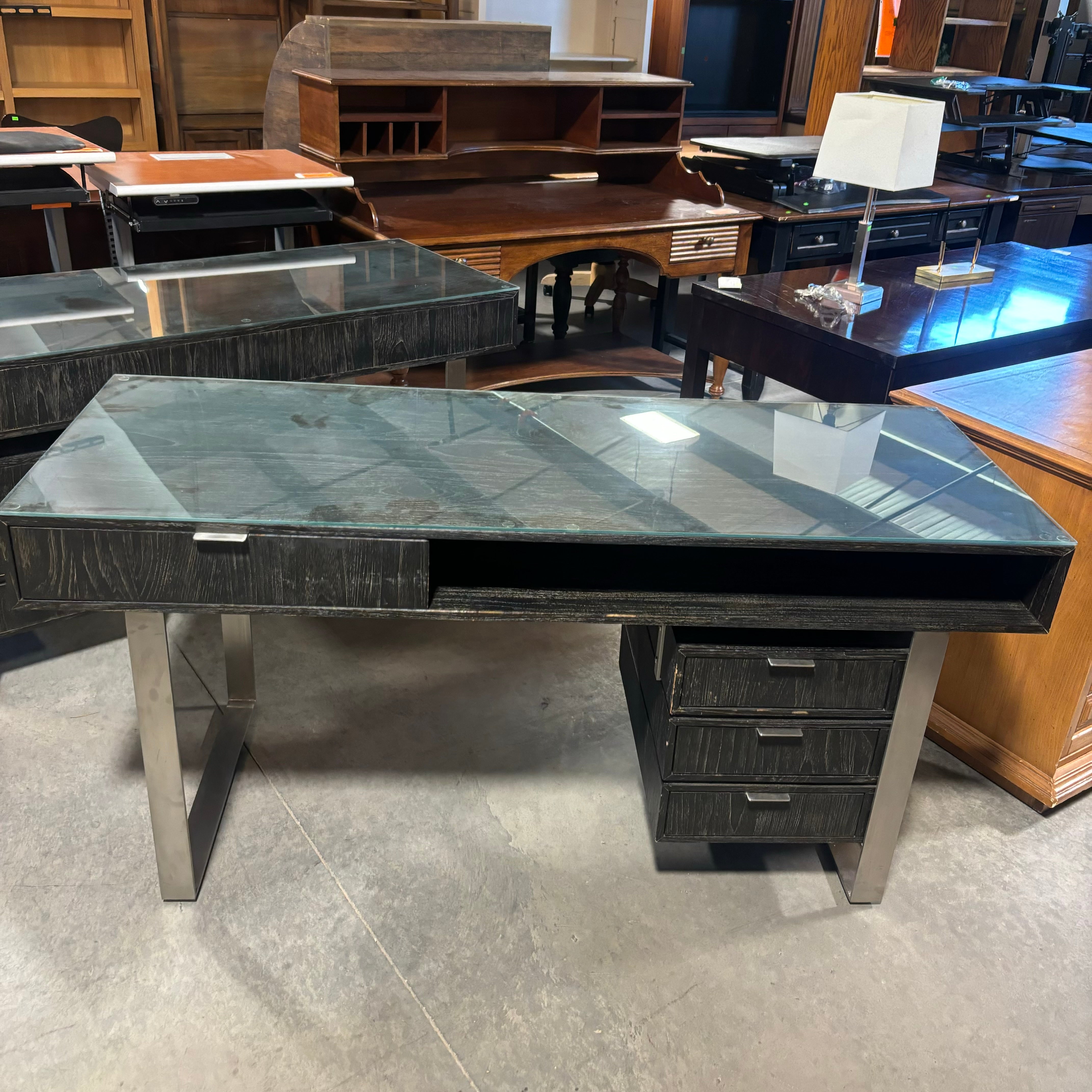 Brownstone Distressed Dark Wood with Steel Base & Glass Top 4 Drawer Desk 65"x 24"x 31"