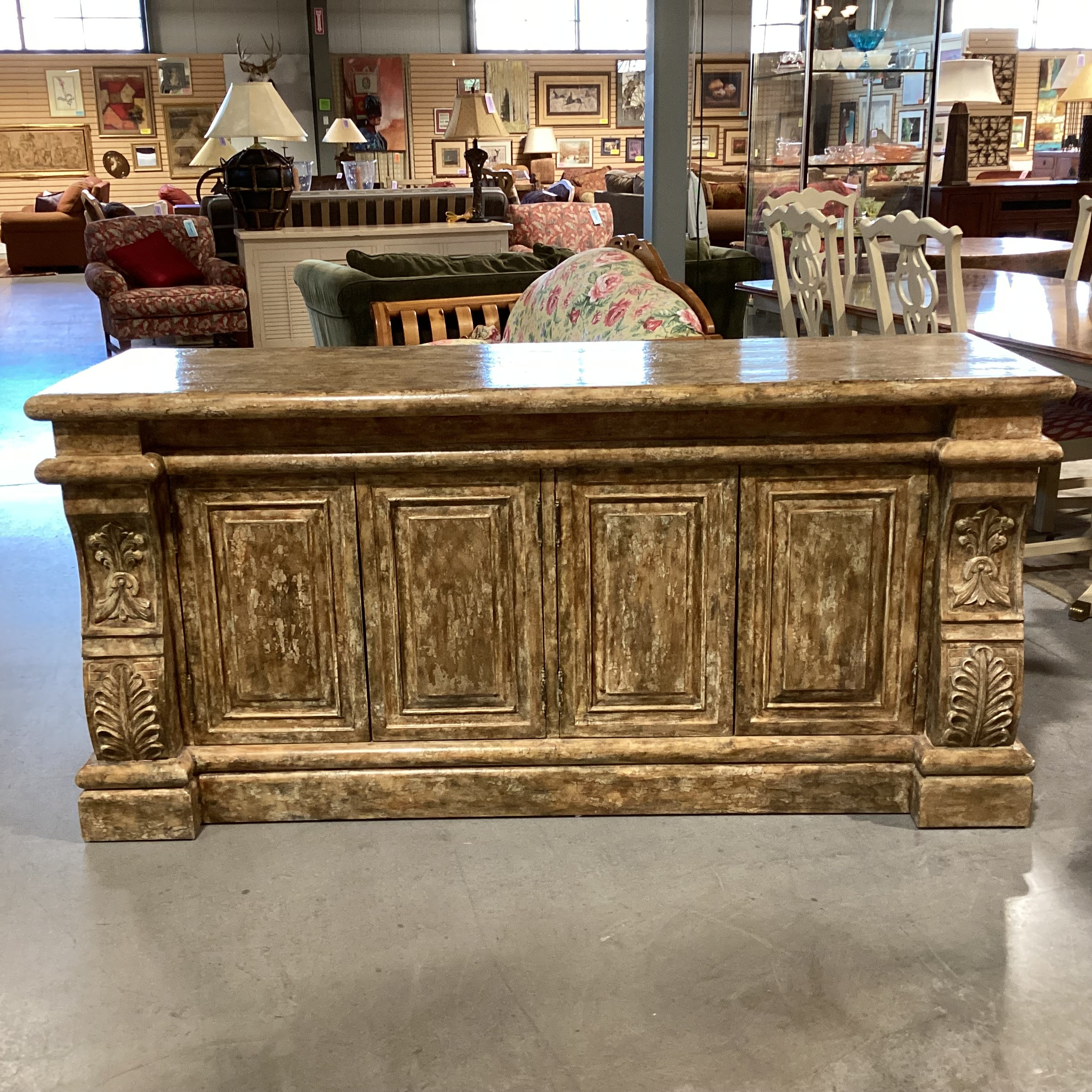 Golden Textured Distressed Finish Ornate Carved Wood 4 Door Credenza 72"x 22.5"x 34"