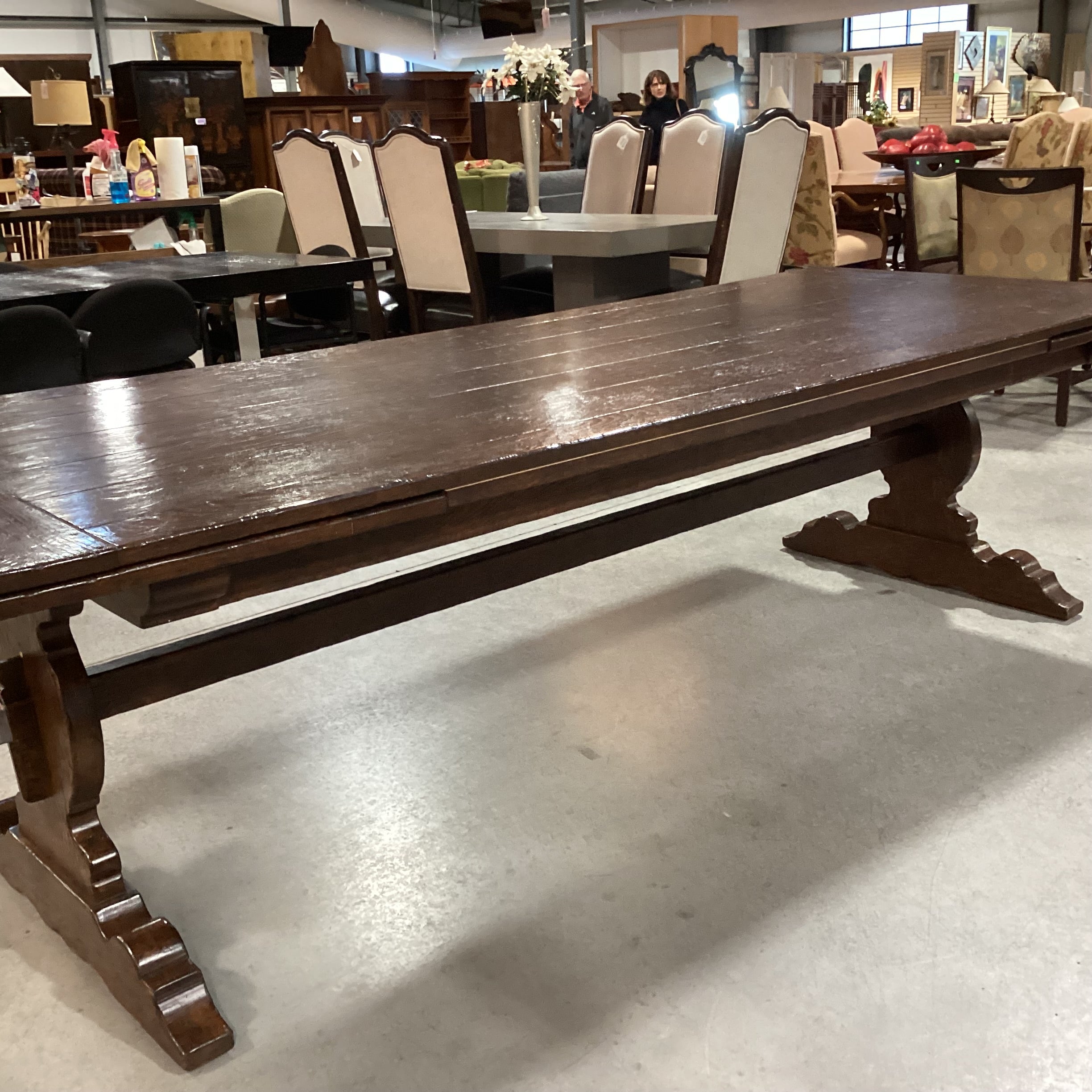 Antique Dark Finish Wood with End Extend Leaves & Trestle Dining Table 108" to 155"x 42"x 30.5"