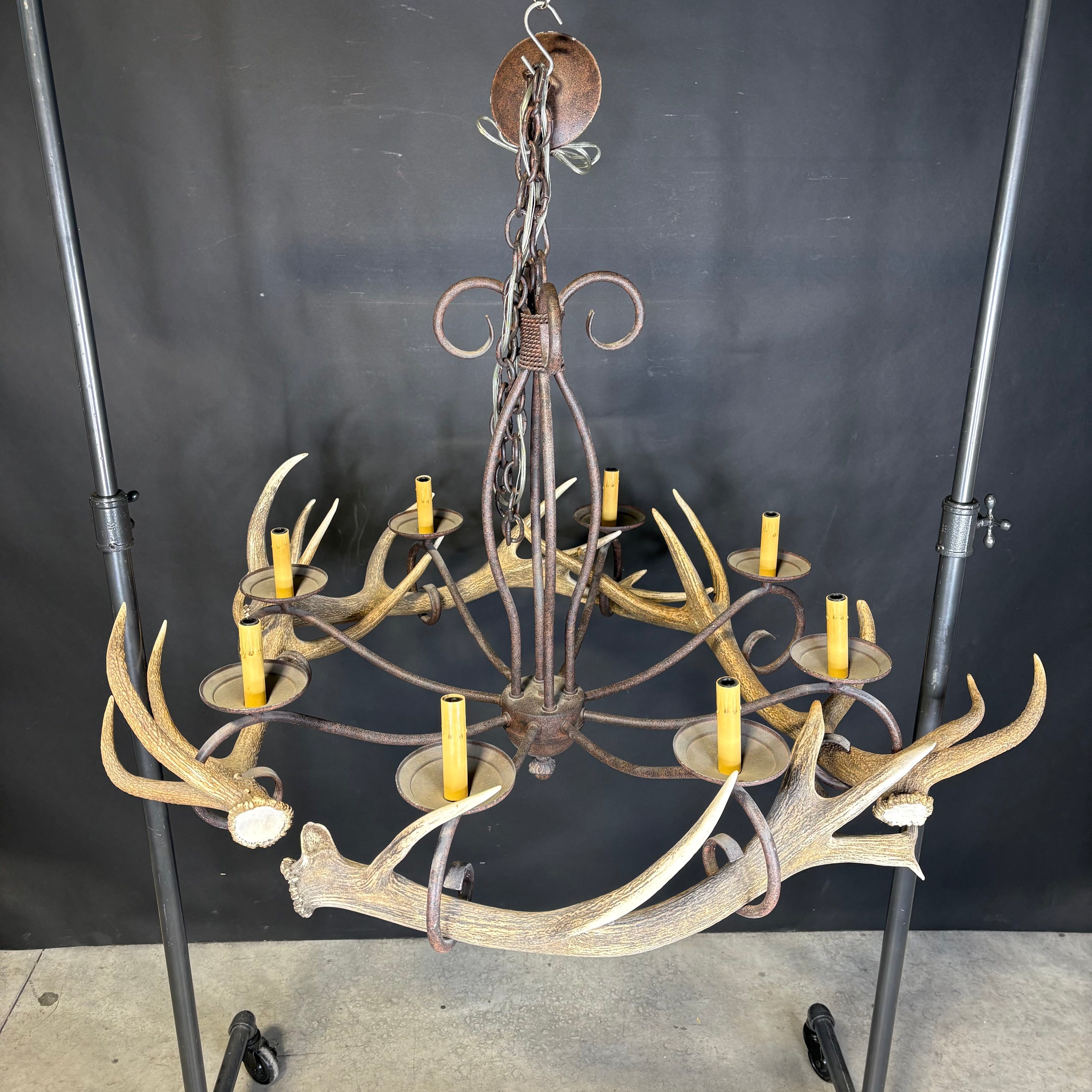 Rustic 8-Light Textured Bronze Metal with Antlers Chandelier 45” Diameter x 52”