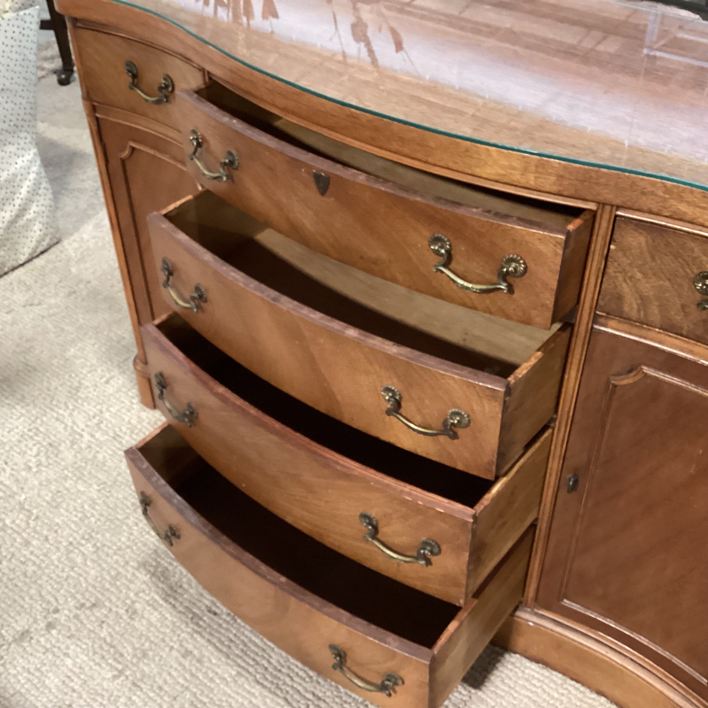 Antique Carved Wood with Molding Detail & Glass Top 2 Door 6 Drawer Sideboard 54"x 21"x 36"