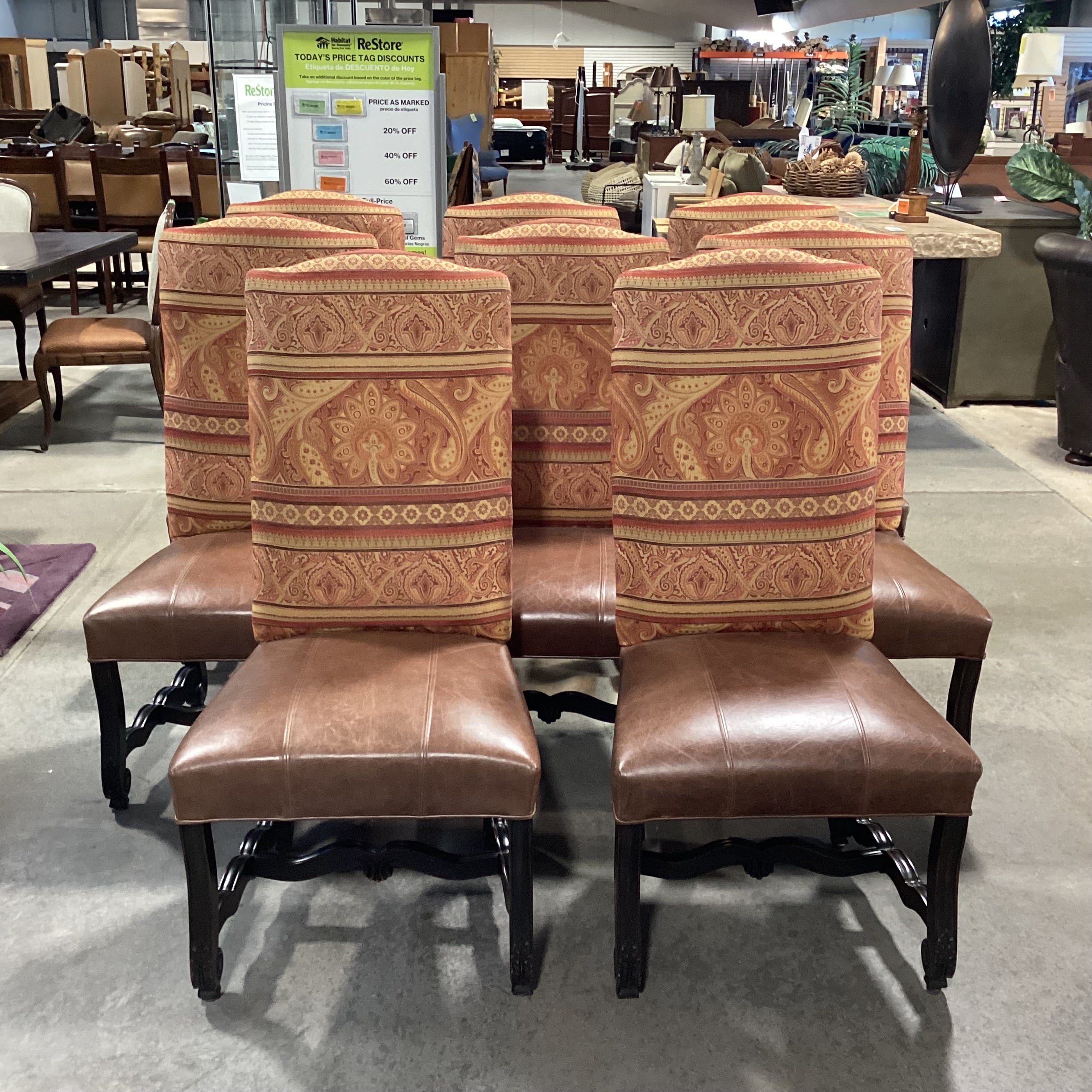 SET of 8 Carved Antiqued Black Wood Leather & Orange Gold Upholstered Dining Chairs 23"x 22"x 46"