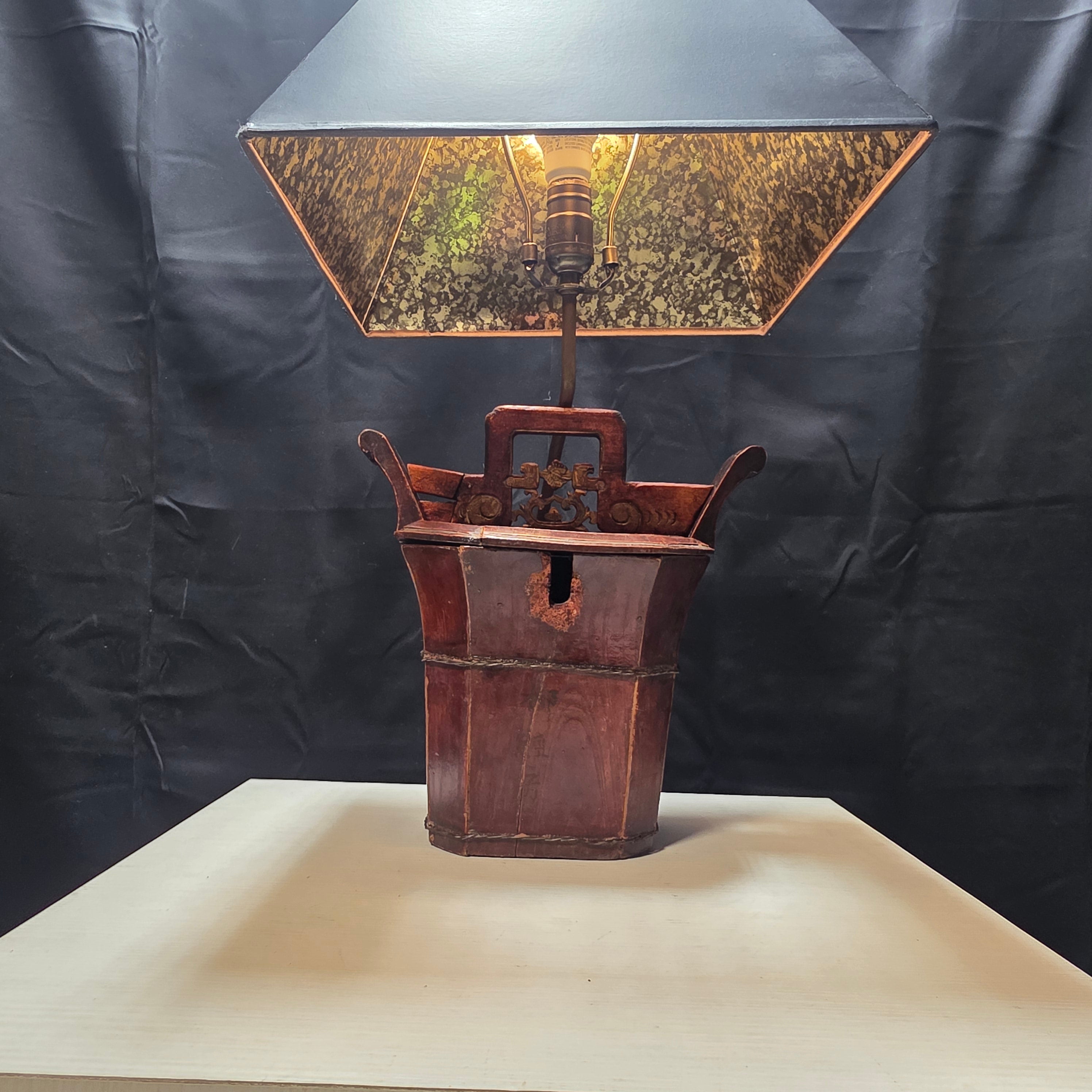 Antique Chinese Rice / Water Bucket Turned Into a Lamp 11.5"x9"x23.5"