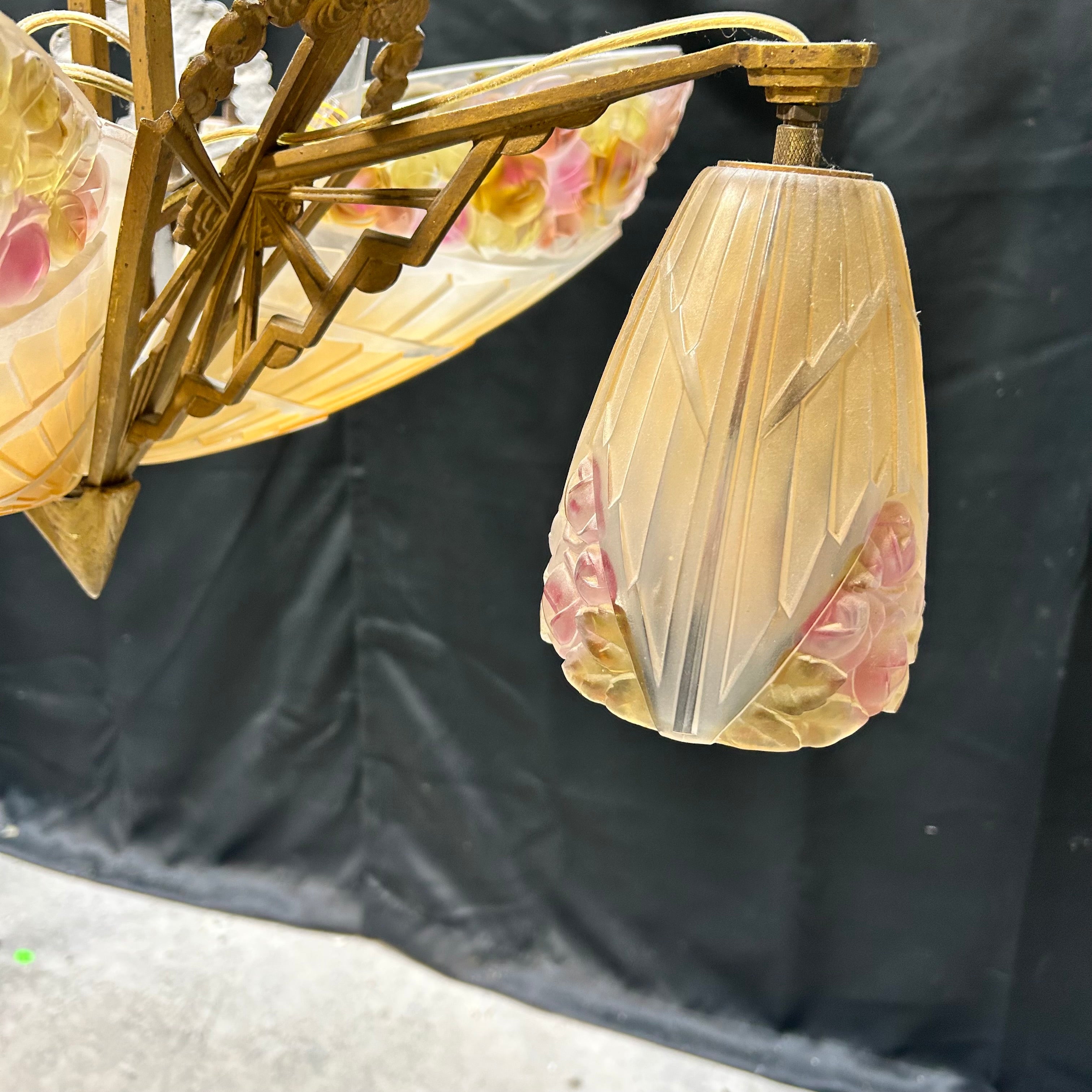 1930 Art Deco Brass & Flowered Glass 6 Light Pendant 22"x 31"
